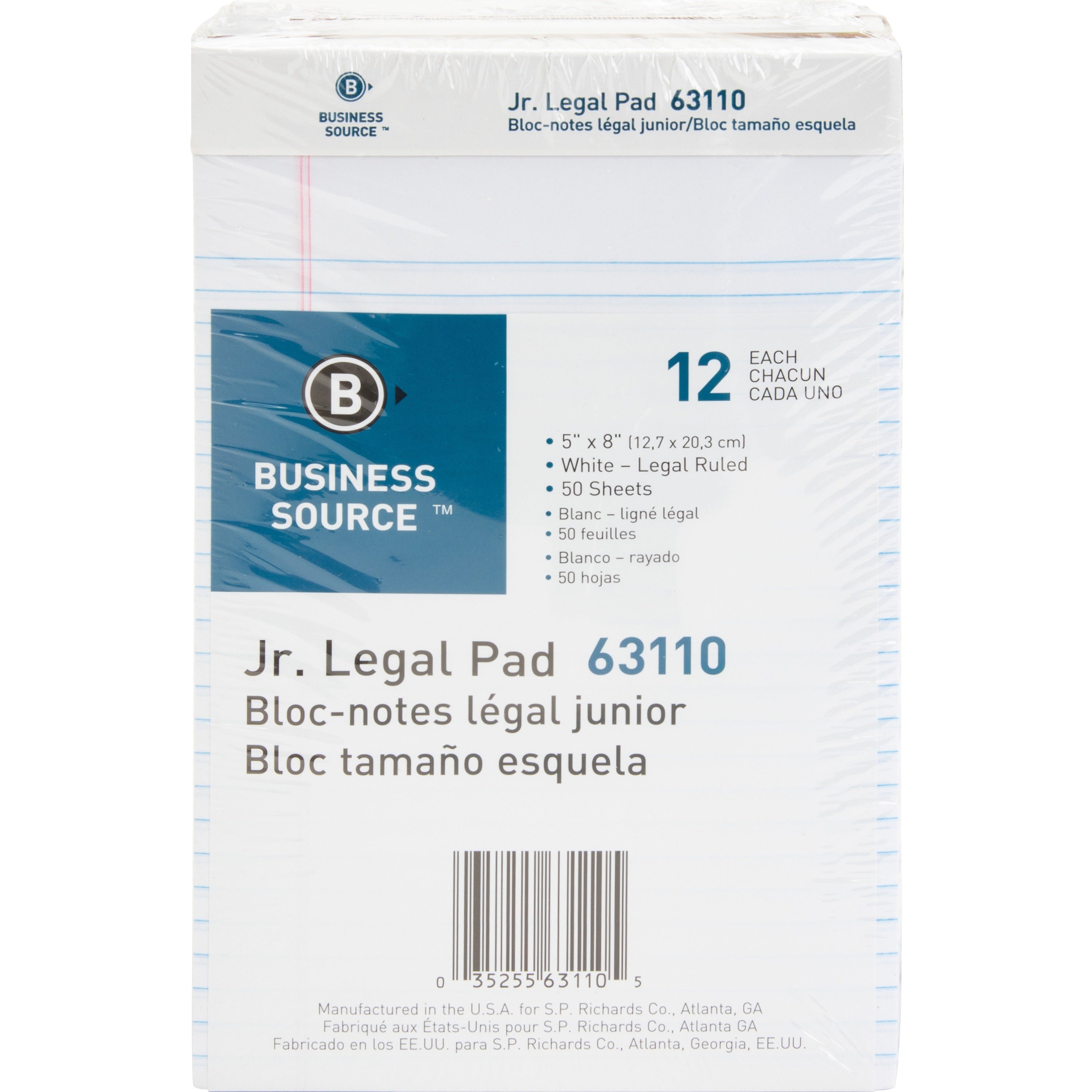 Business Source Writing Pads - 50 Sheets - 0.28" Ruled - 16 lb Basis Weight - Jr.Legal - 8" x 5" - White Paper - Micro Perforated, Easy Tear, Sturdy Back - 1 Dozen -