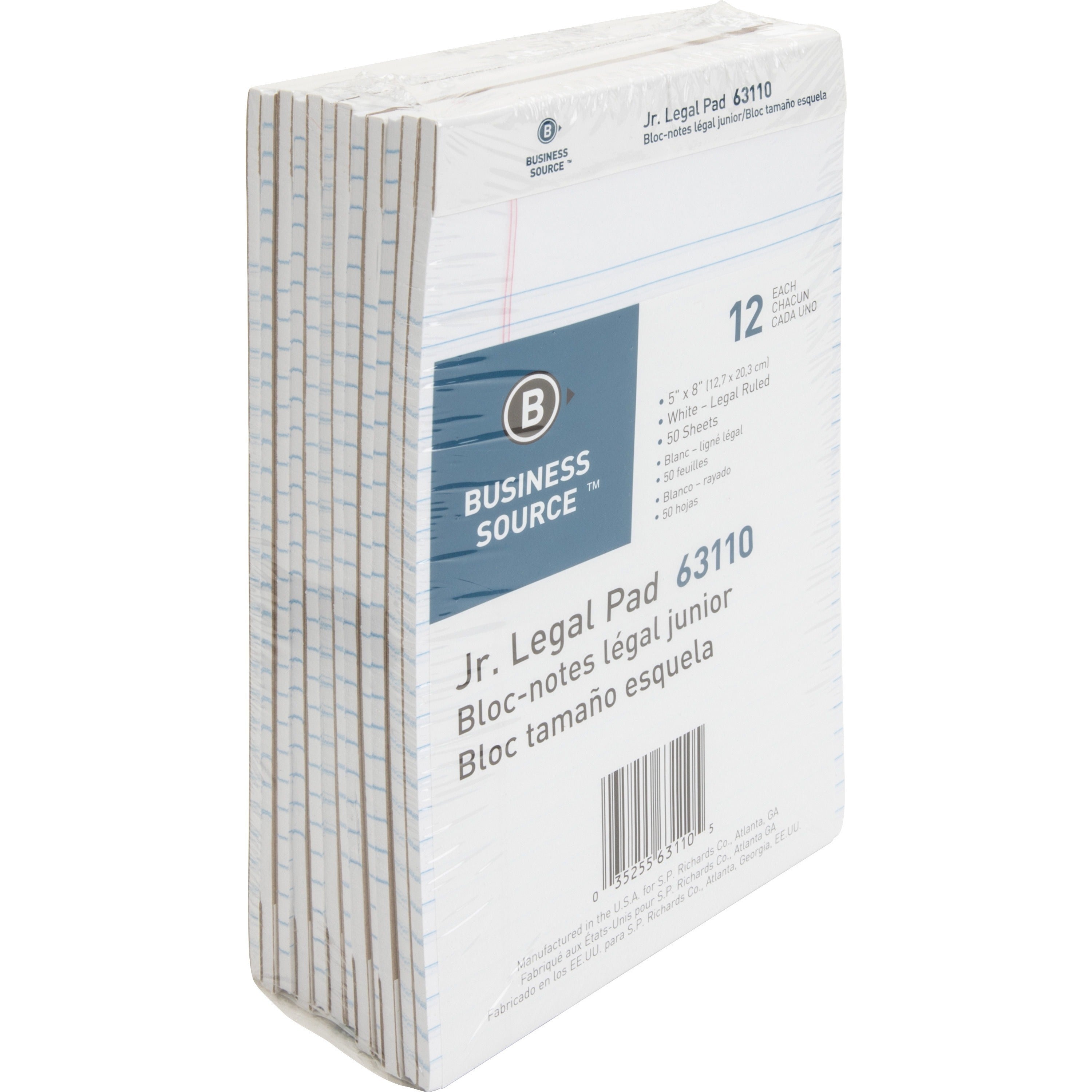Business Source Writing Pads - 50 Sheets - 0.28" Ruled - 16 lb Basis Weight - Jr.Legal - 8" x 5" - White Paper - Micro Perforated, Easy Tear, Sturdy Back - 1 Dozen -