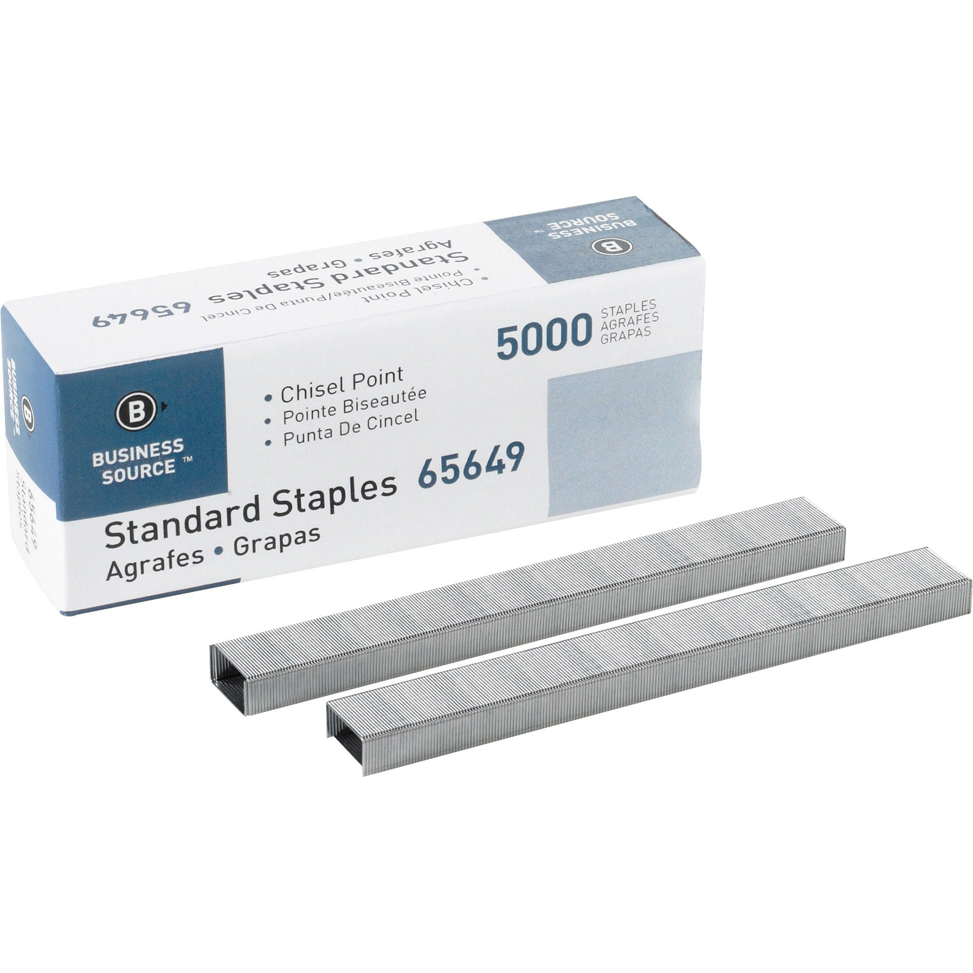 Business Source Standard Staples - 210 Per Strip - 1/4" Leg - 1/2" Crown - Holds 30 Sheet(s) - Chisel Point - Silver5000 / Box -