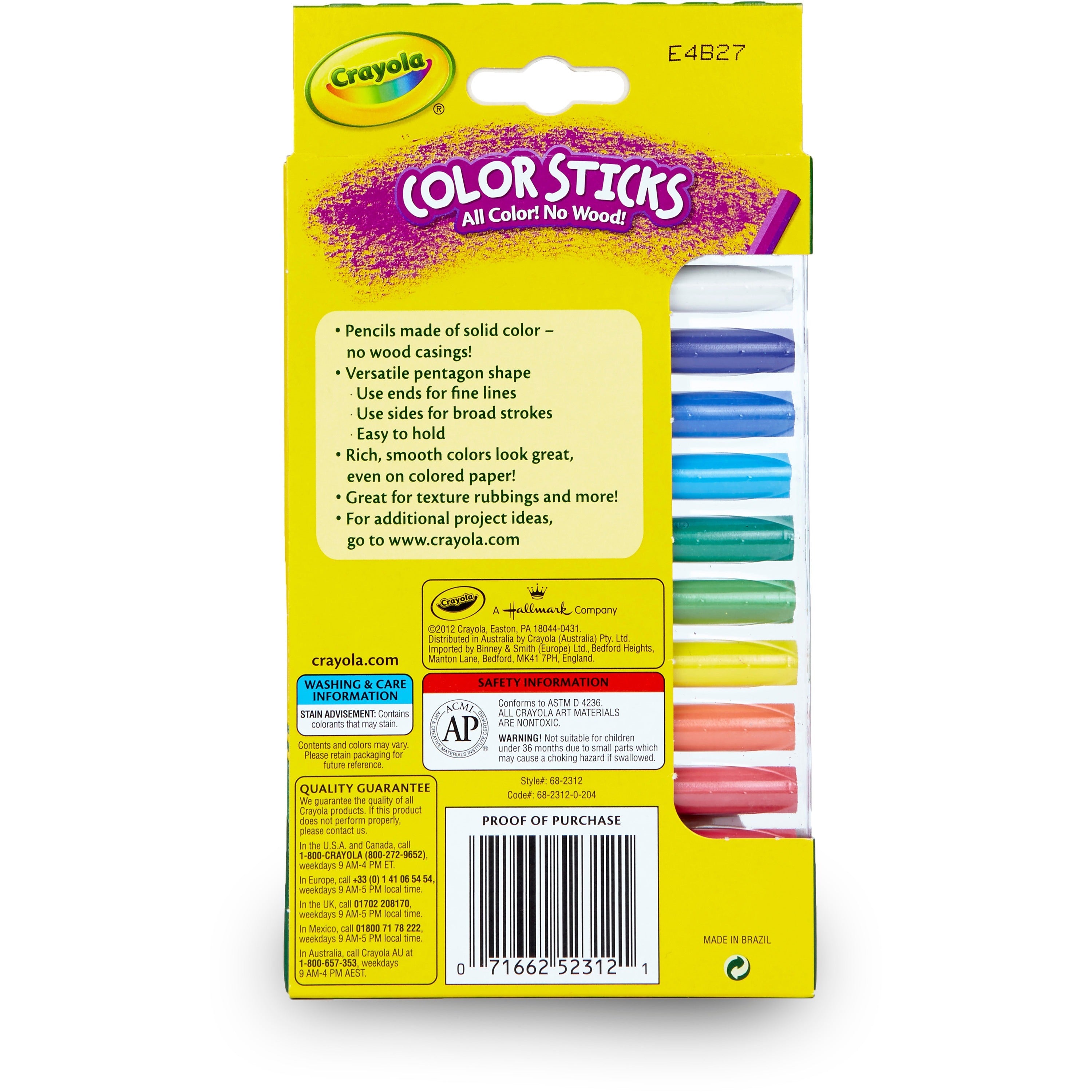 Crayola 12 Color Sticks Woodless Colored Pencils - Red, Red Orange, Orange, Yellow, Yellow Green, Green, Sky Blue, Blue, Violet, Brown, Black, ... Lead - 12 / Set -