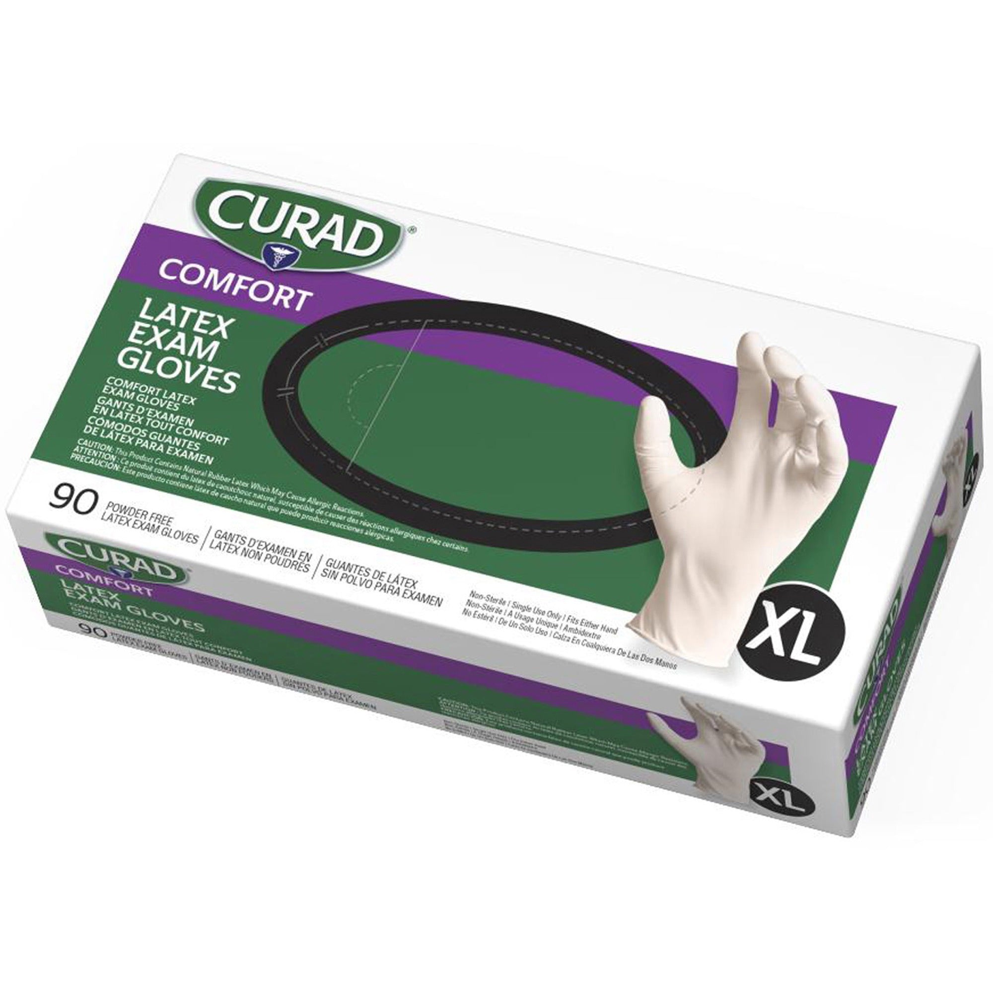Curad Powder Free Latex Exam Gloves - X-Large Size - White - Textured - For Healthcare Working - 90 / Box -
