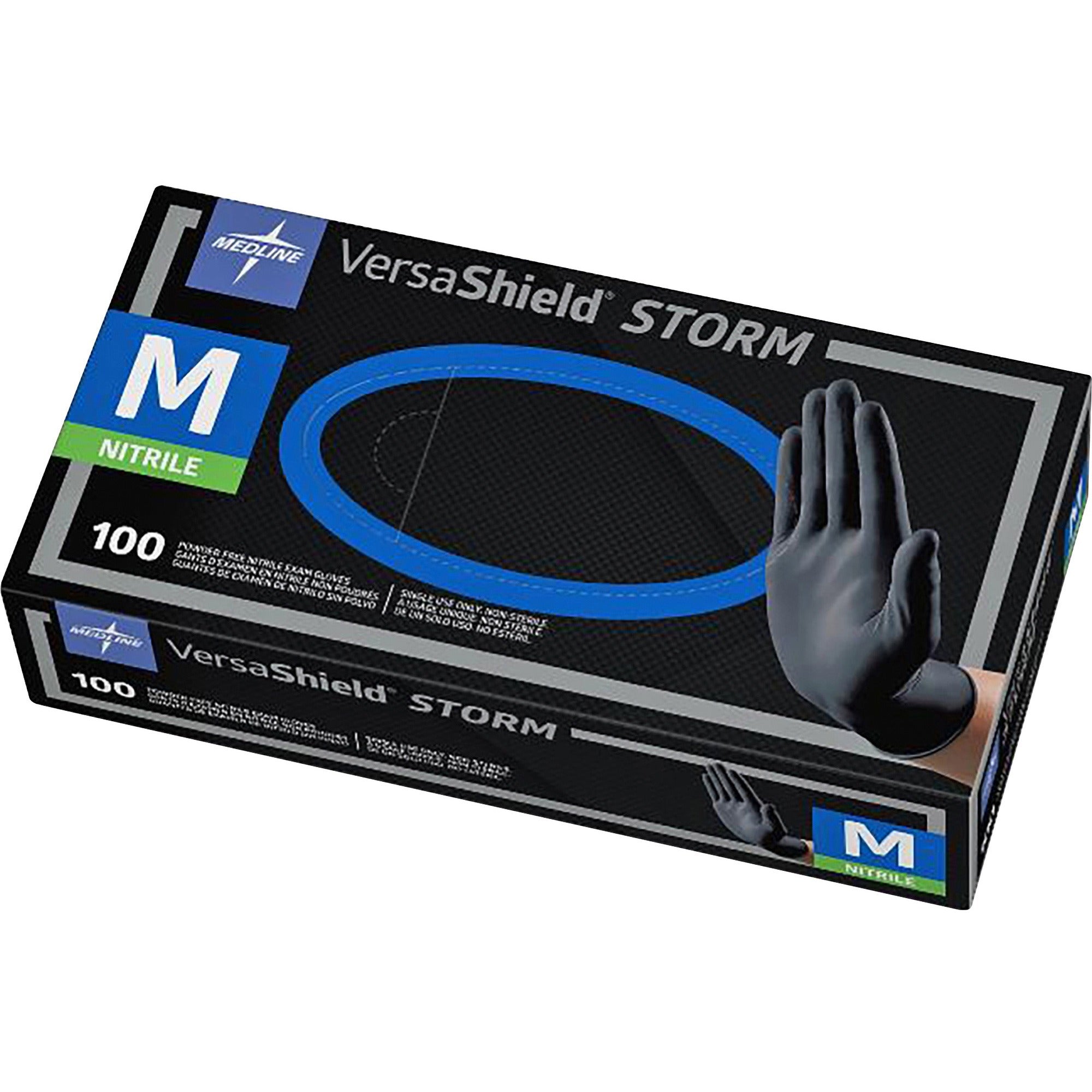 Medline VersaShield STORM Nonsterile Nitrile Gloves - Medium Size - Black - Textured, Latex-free - For Healthcare Working - 100 / Box -