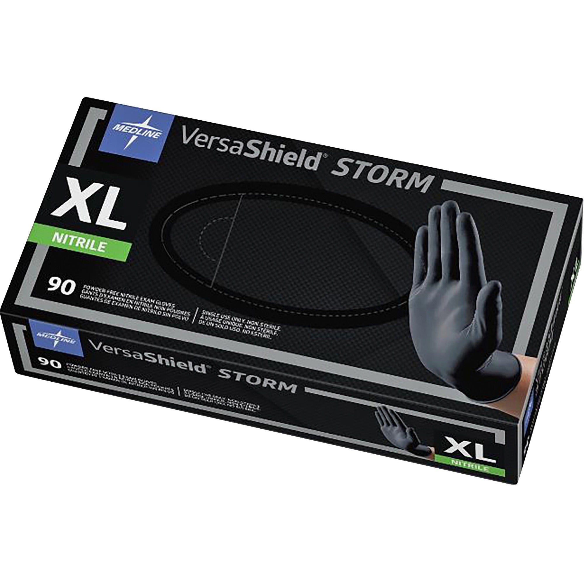 Medline VersaShield STORM Nonsterile Nitrile Gloves - X-Large Size - Black - Textured, Latex-free - For Healthcare Working - 90 / Box -