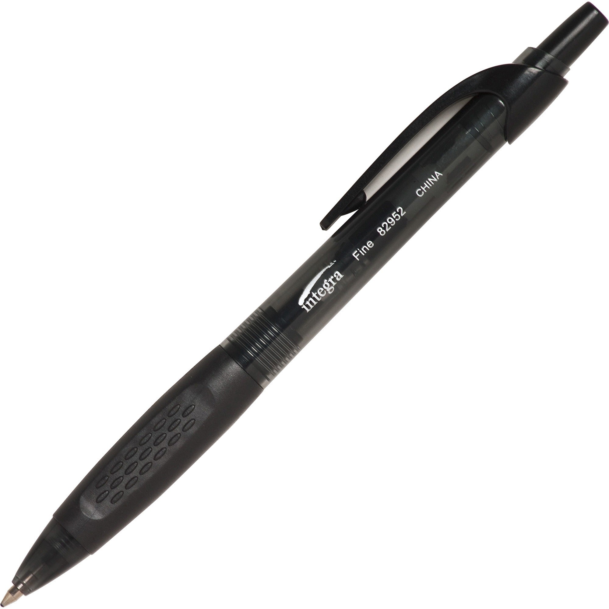 Integra 82952 Retractable Ballpoint Pens - Fine Pen Point - Retractable - Black - Black, Transparent Barrel - 1 Dozen -