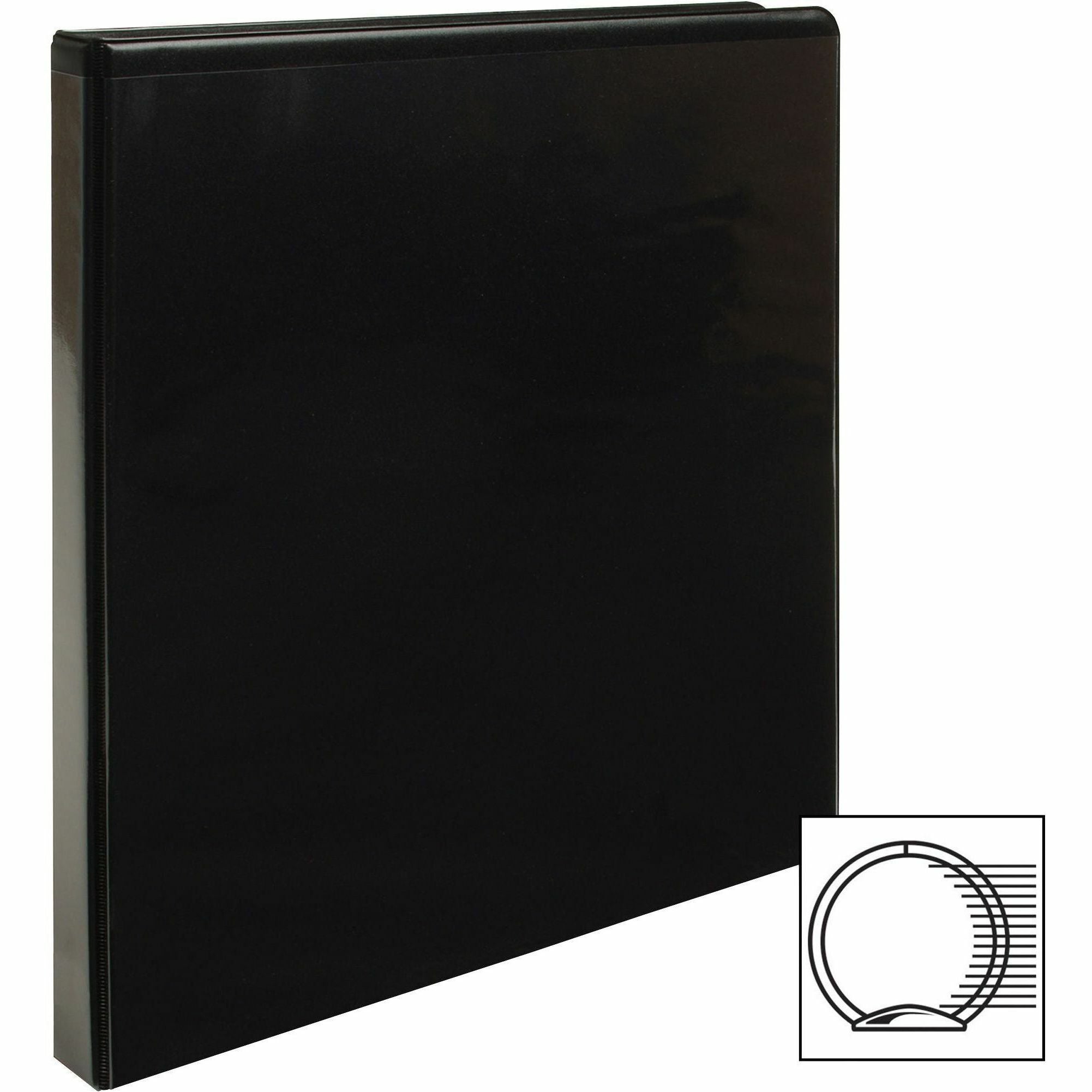 Business Source Round-ring View Binder - 1/2" Binder Capacity - Letter - 8 1/2" x 11" Sheet Size - 125 Sheet Capacity - Round Ring Fastener(s) - 2 Internal Pocket(s) - Polypropylene - Black - Wrinkle-free, Gap-free Ring, Clear Overlay, Non Locking Me -