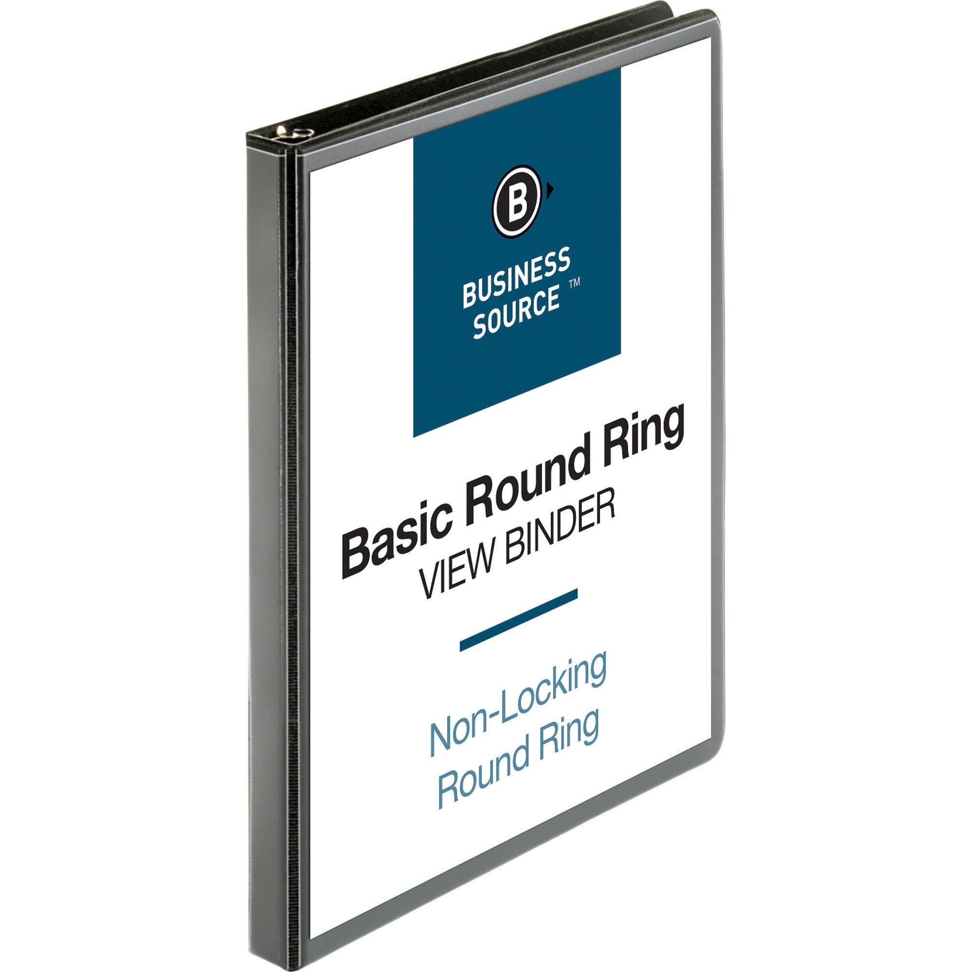 Business Source Round-ring View Binder - 1/2" Binder Capacity - Letter - 8 1/2" x 11" Sheet Size - 125 Sheet Capacity - Round Ring Fastener(s) - 2 Internal Pocket(s) - Polypropylene - Black - Wrinkle-free, Gap-free Ring, Clear Overlay, Non Locking Me -