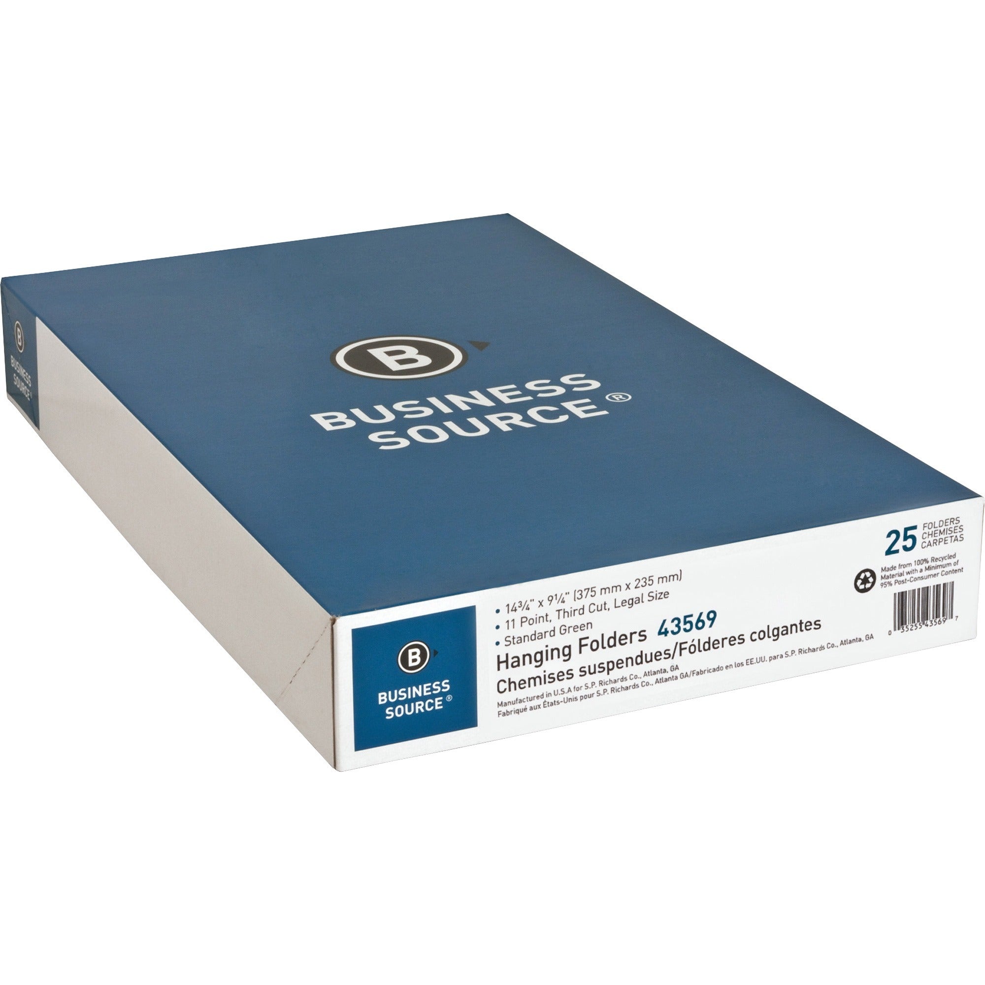 Business Source 1/3 Tab Cut Legal Recycled Hanging Folder - 8 1/2" x 14" - Poly - Green - 100% Recycled - 25 / Box -