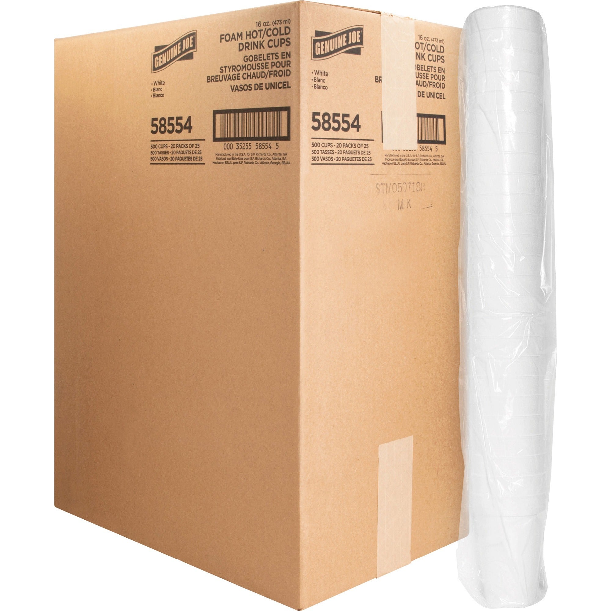 Genuine Joe 16 oz Hot/Cold Foam Cups - 25 / Pack - 20 / Carton - White - Foam - Hot Drink, Cold Drink -