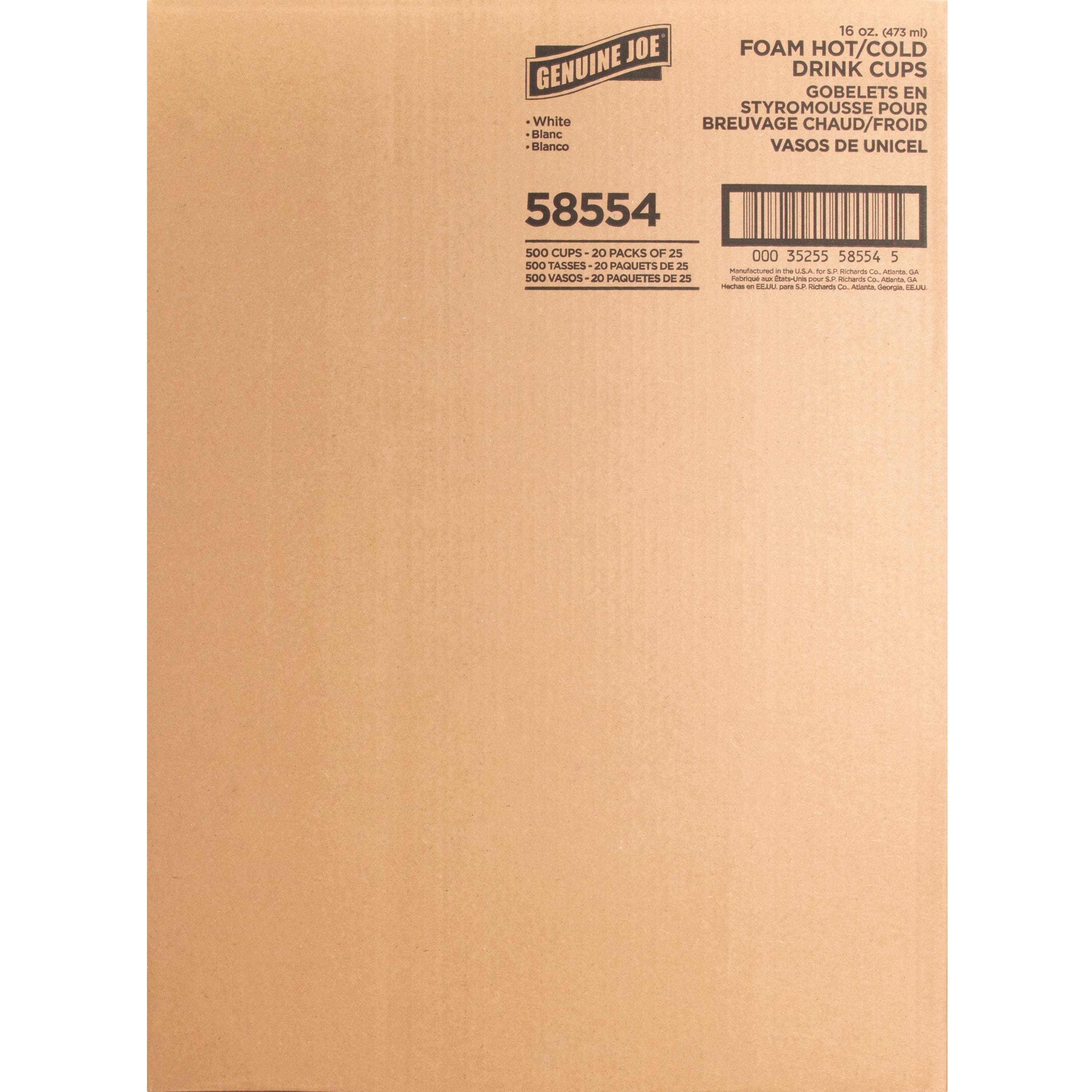 Genuine Joe 16 oz Hot/Cold Foam Cups - 25 / Pack - 20 / Carton - White - Foam - Hot Drink, Cold Drink -