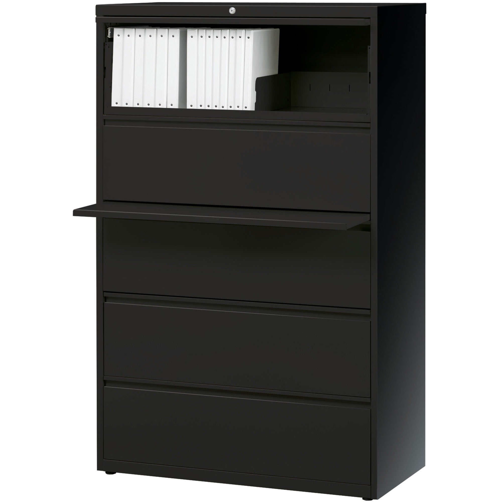 Lorell Fortress Series Lateral File w/Roll-out Posting Shelf - 36" x 18.6" x 67.7" - 5 x Drawer(s) for File - Letter, Legal, A4 - Lateral - Rust Proof, Interlocking, Leveling Glide, Ball-bearing Suspension, Label Holder - Black - Recycled -