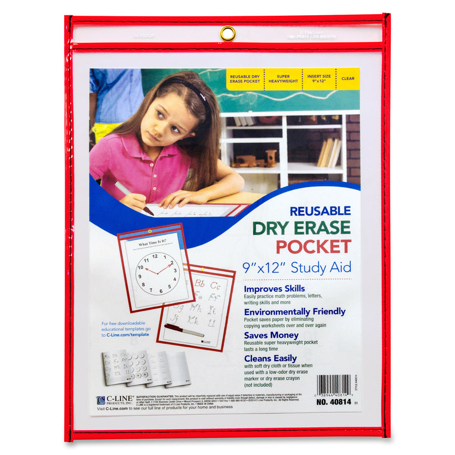 C-Line Reusable Dry Erase Pocket - Study Aid - Neon Red, 9 x 12, 40814 -
