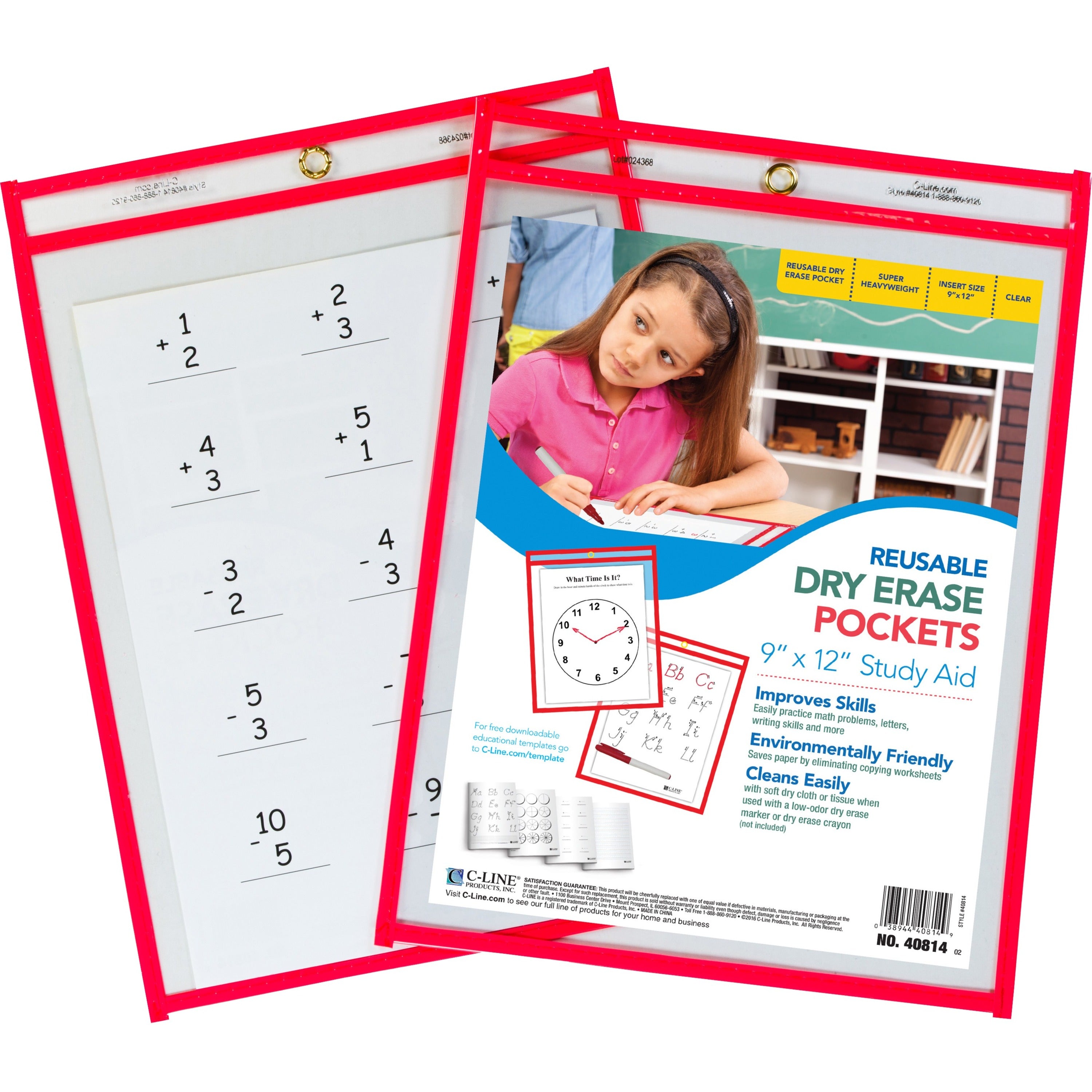 C-Line Reusable Dry Erase Pocket - Study Aid - Neon Red, 9 x 12, 40814 -