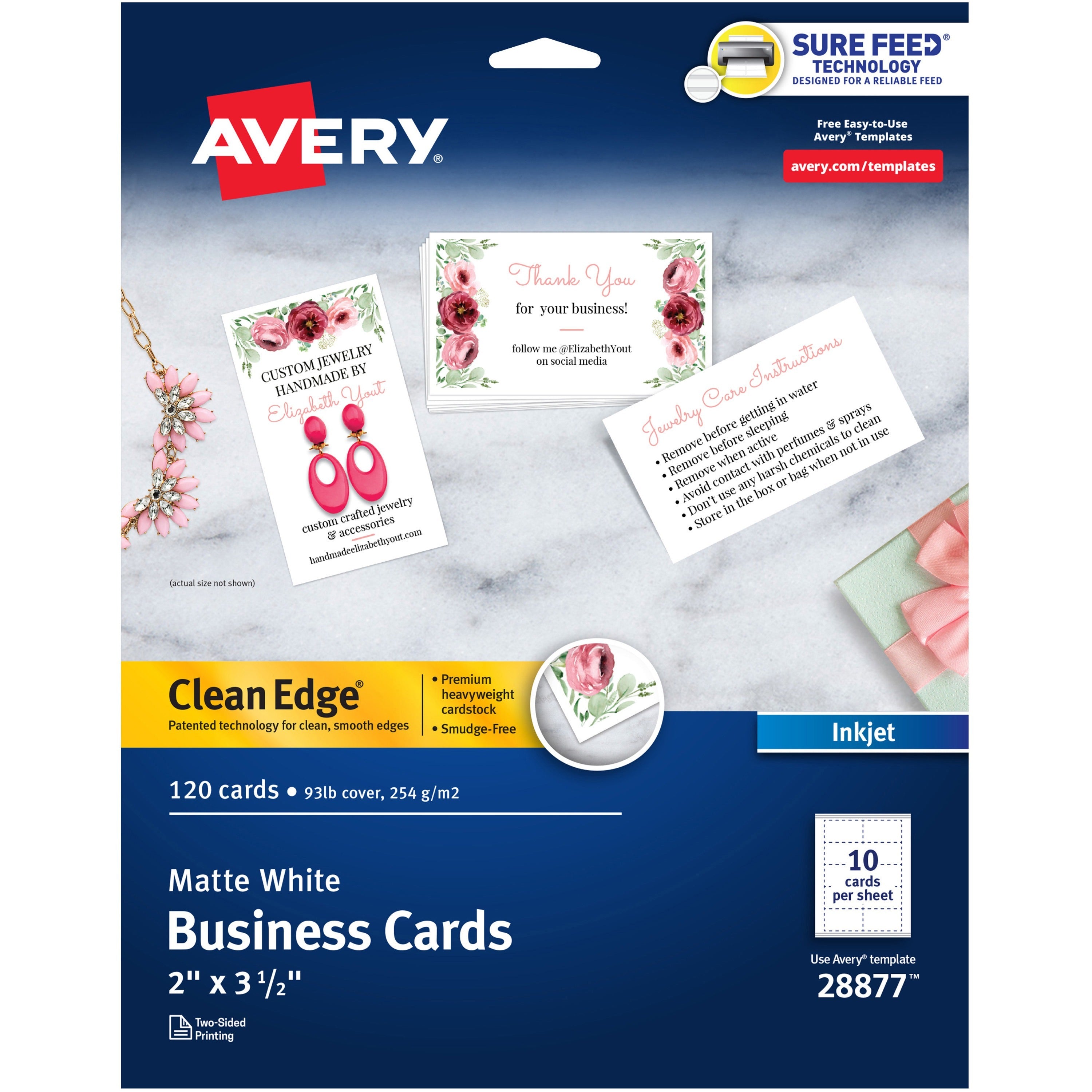 avery-clean-edge-business-cards-2-x-35--white-120-28877-110-brightness-a8-2-x-3-1-2-93-lb-basis-weight-254-g-m2-grammage-matte-120-pack-fsc-mix-rounded-corner-smooth-edge-unperforated-white_ave28877 - 1