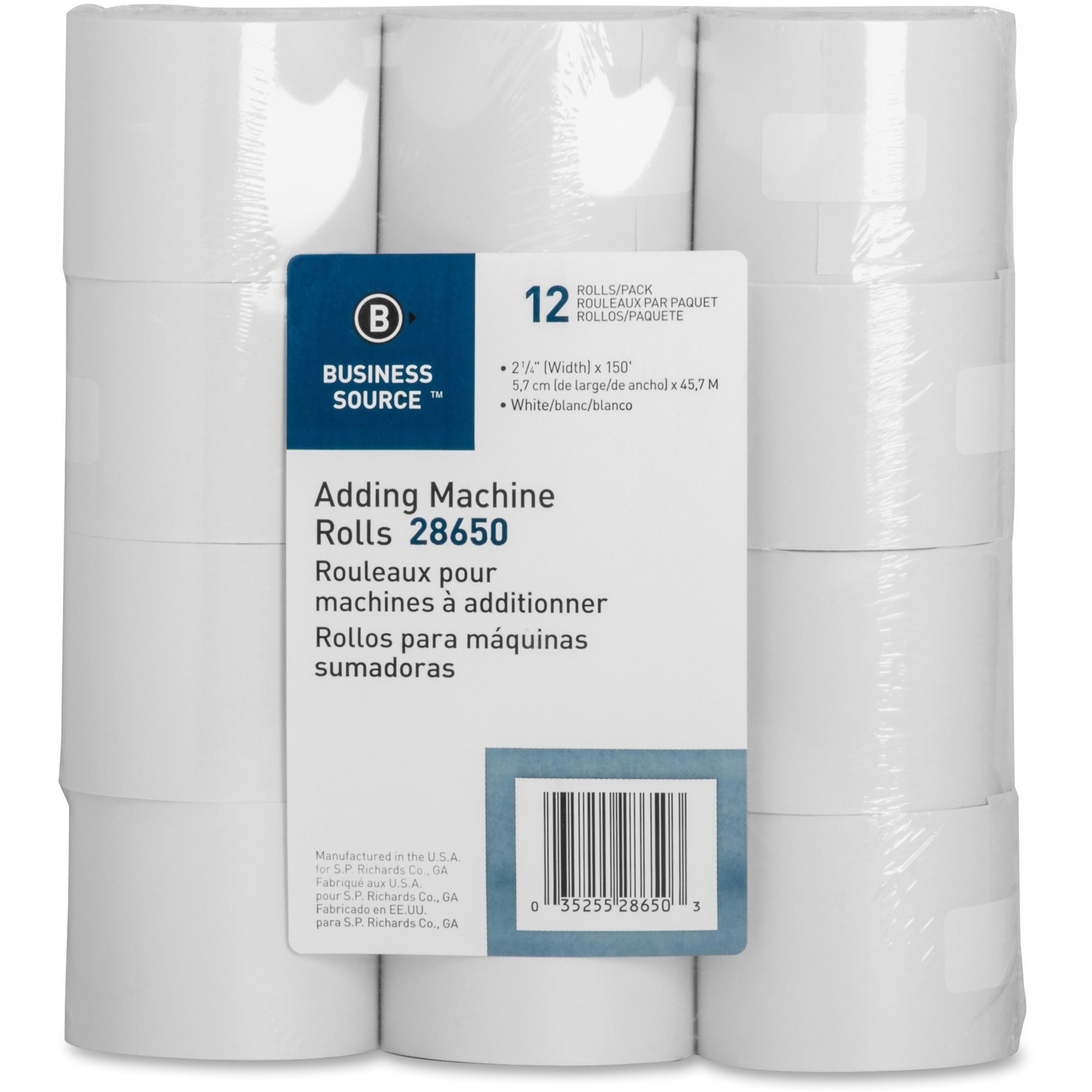 Business Source 150' Adding Machine Rolls - 2 1/4" x 150 ft - 12 / Pack - Sustainable Forestry Initiative (SFI) - Lint-free - White -