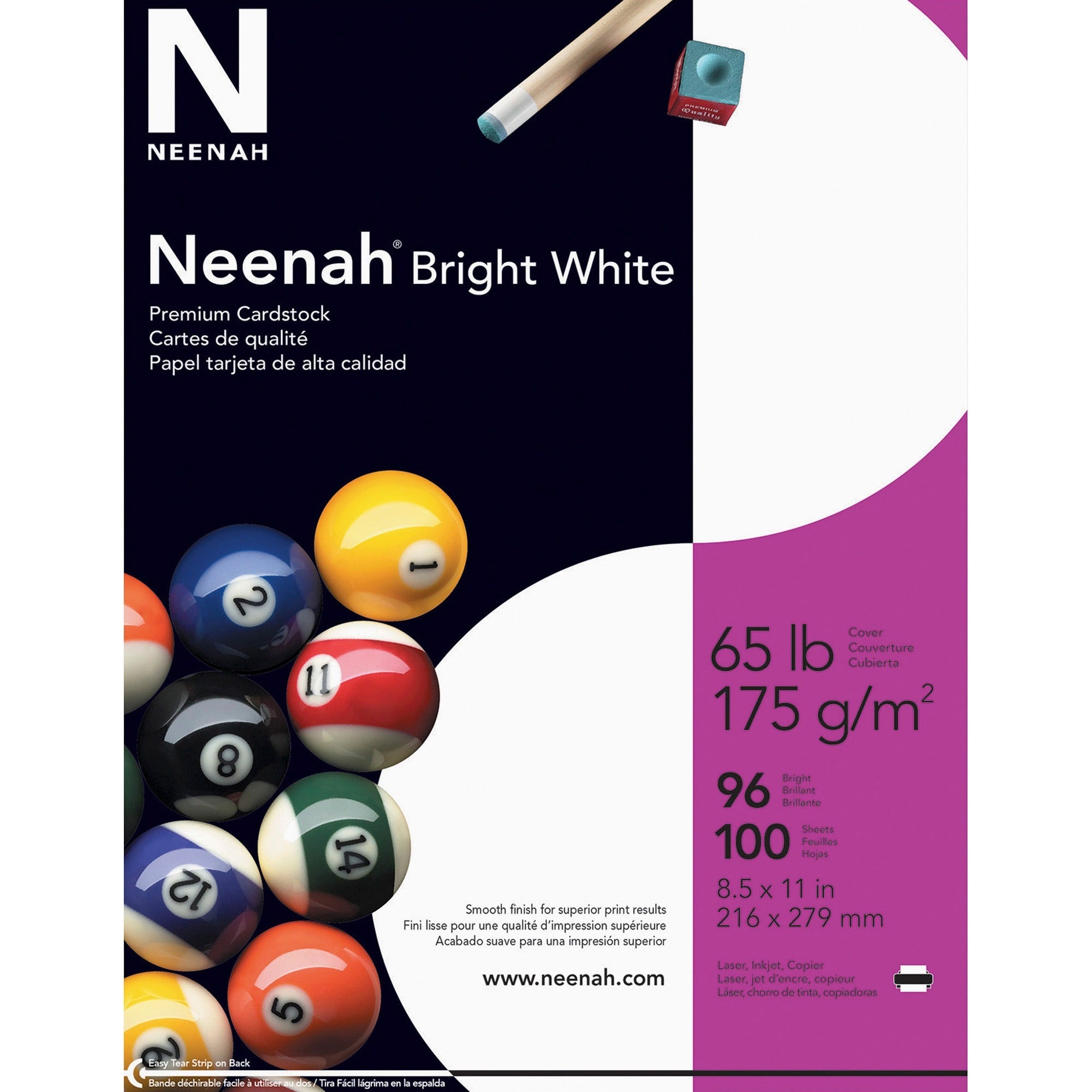 Neenah Bright White Cardstock - Letter - 8 1/2" x 11" - 65 lb Basis Weight - Smooth - 100 / Pack - Acid-free, Lignin-free - Bright White -