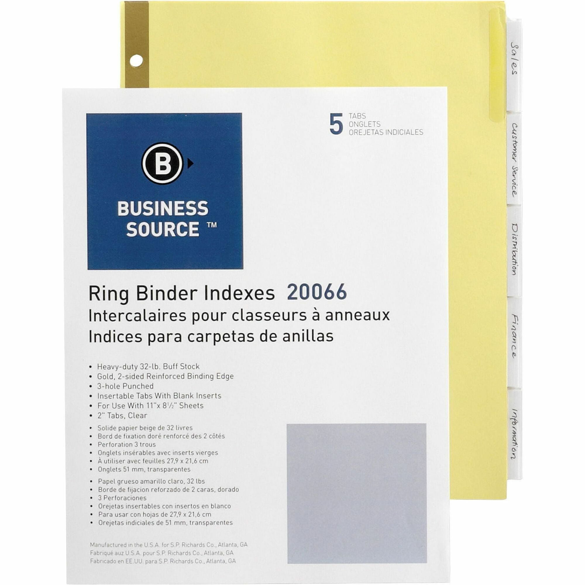 Business Source Insertable 5-Tab Ring Binder Indexes - 5 x Divider(s) - 5 Tab(s)/Set2" Tab Width - 8.5" Divider Width x 11" Divider Length - Letter - 3 Hole Punched - Buff Divider - Clear Tab(s) - Mylar Reinforcement, Insertable, Reinforced Edges, Te -