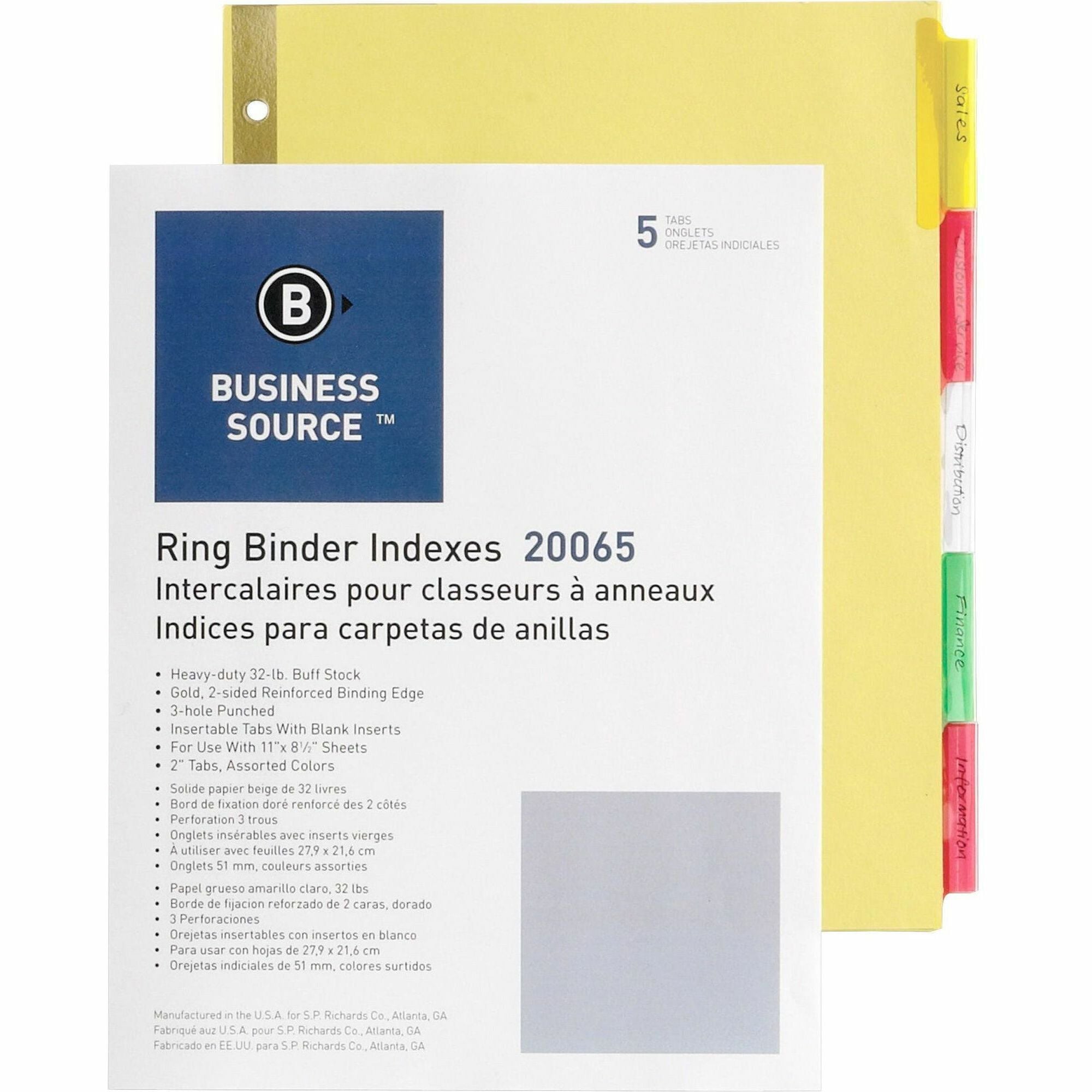 Business Source Reinforced Insertable Tab Indexes - 5 Tab(s)2" Tab Width - 8.5" Divider Width x 11" Divider Length - Letter - 3 Hole Punched - Buff Divider - Manila Tab(s) - Mylar Reinforcement, Insertable, Reinforced Edges, Punched, -