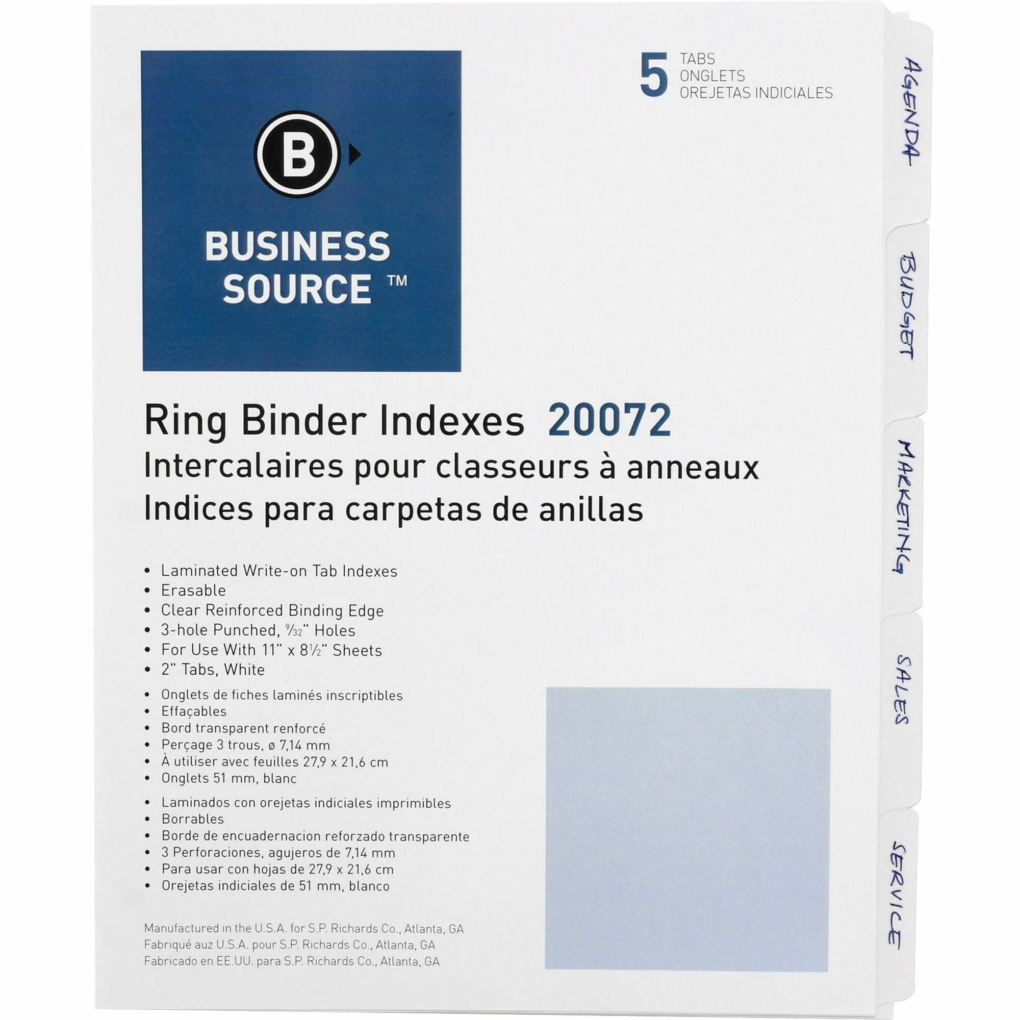 Business Source 3-Ring 5-Tab Erasable Tab Indexes - 5 Write-on Tab(s)2" Tab Width - 8.5" Divider Width x 11" Divider Length - Letter - 3 Hole Punched - White Divider - Mylar Tab(s) - Recycled - Erasable, Reinforced Edges, Punched, Laminated Tab - 5 / -