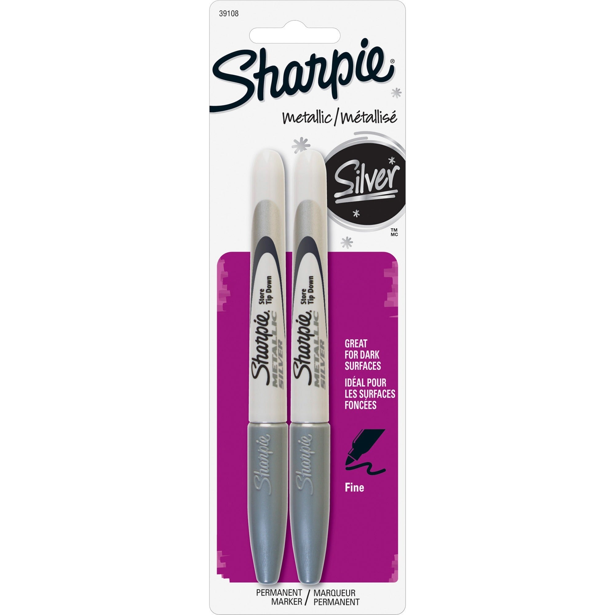 Sharpie Metallic Permanent Markers - Fine Marker Point - 0.5 mm Marker Point Size - Chisel Marker Point Style - Silver - 2 / Pack -