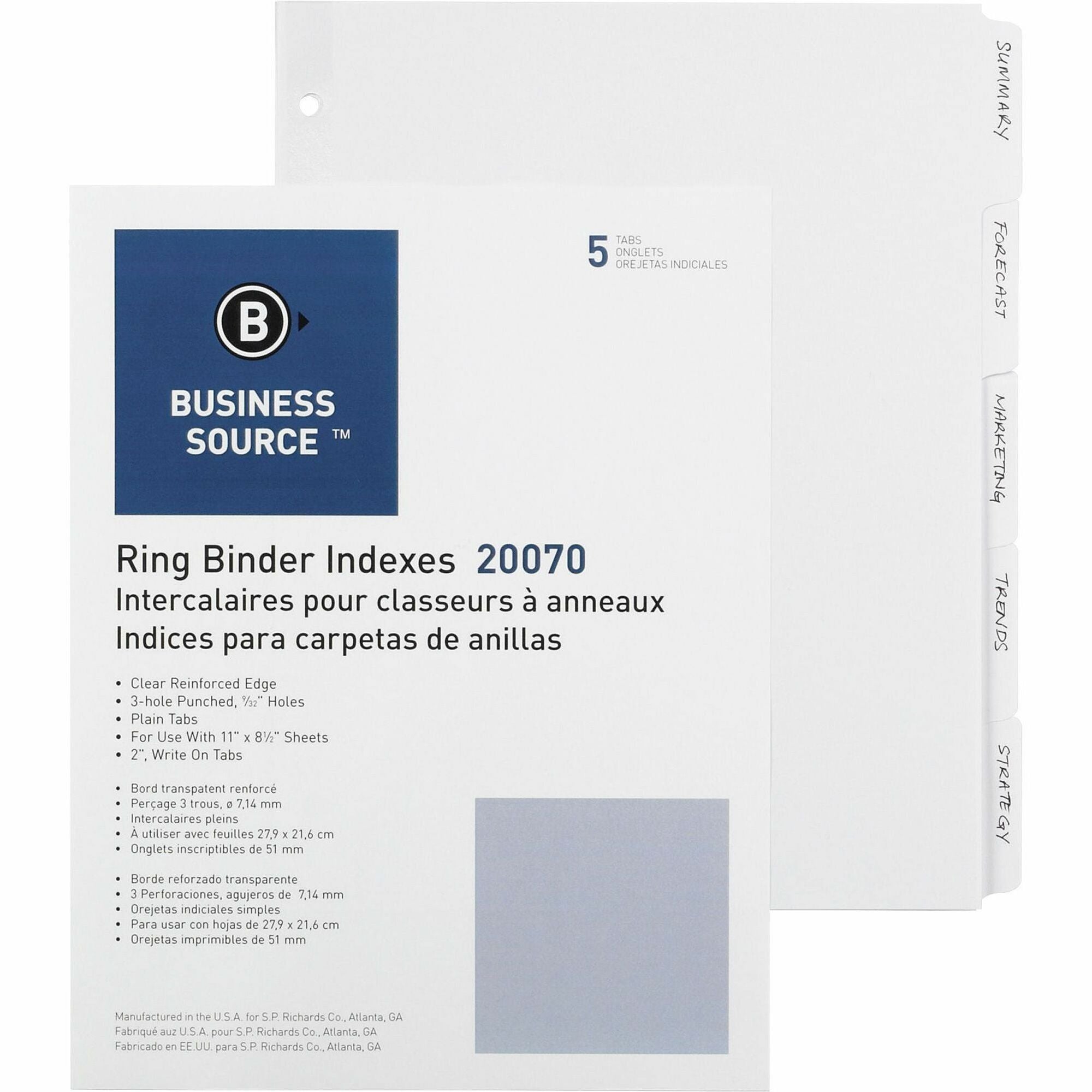 Business Source 3-Ring Plain Tab Indexes - 5 Write-on Tab(s)2" Tab Width - 8.5" Divider Width x 11" Divider Length - Letter - 3 Hole Punched - White Divider - Recycled - Mylar Reinforced Edge, Punched - 100 / Box -