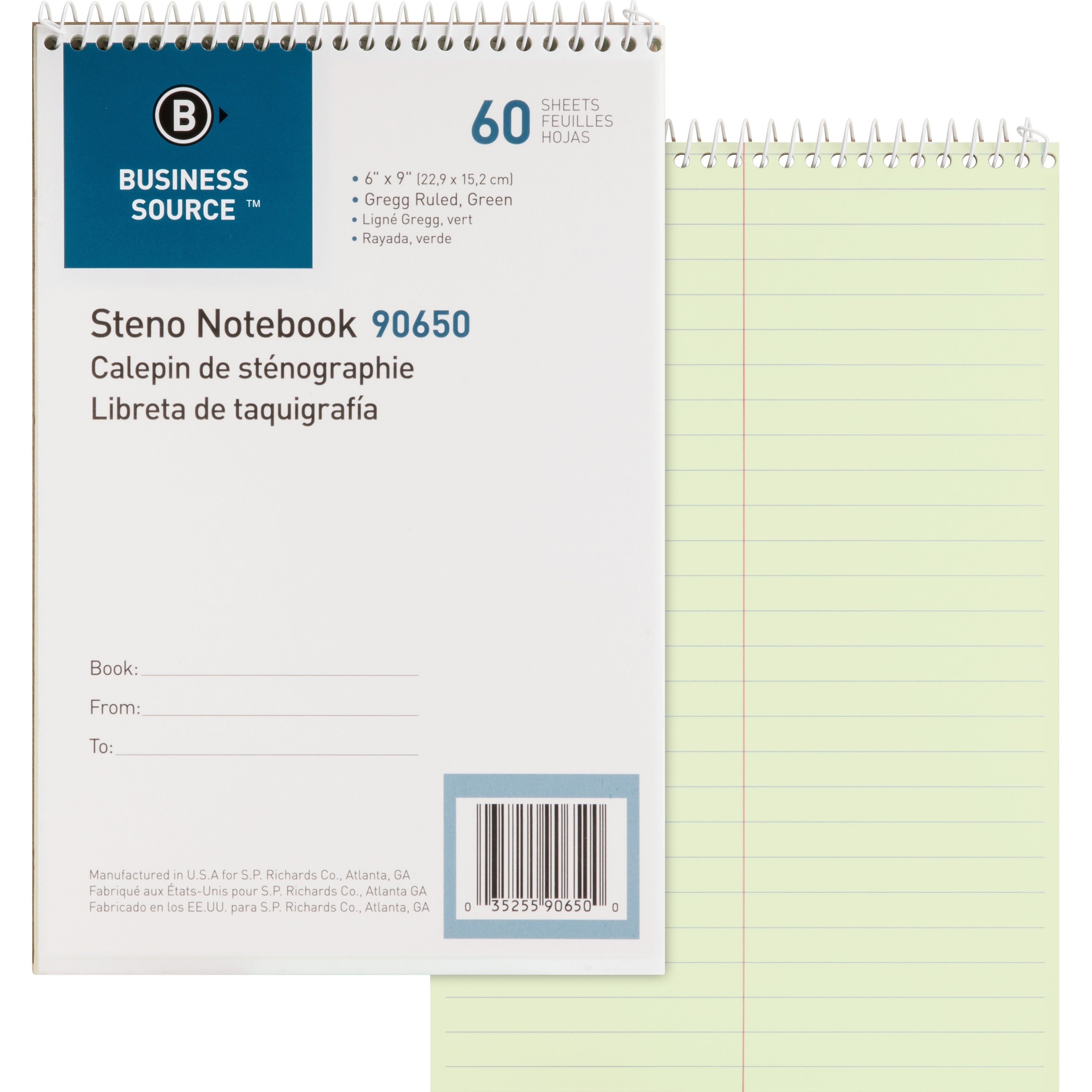 Business Source Steno Notebook - 60 Sheets - Coilock - Gregg Ruled Margin - 6" x 9" - Green Tint Paper - Stiff-back, Sturdy - 1 Each -