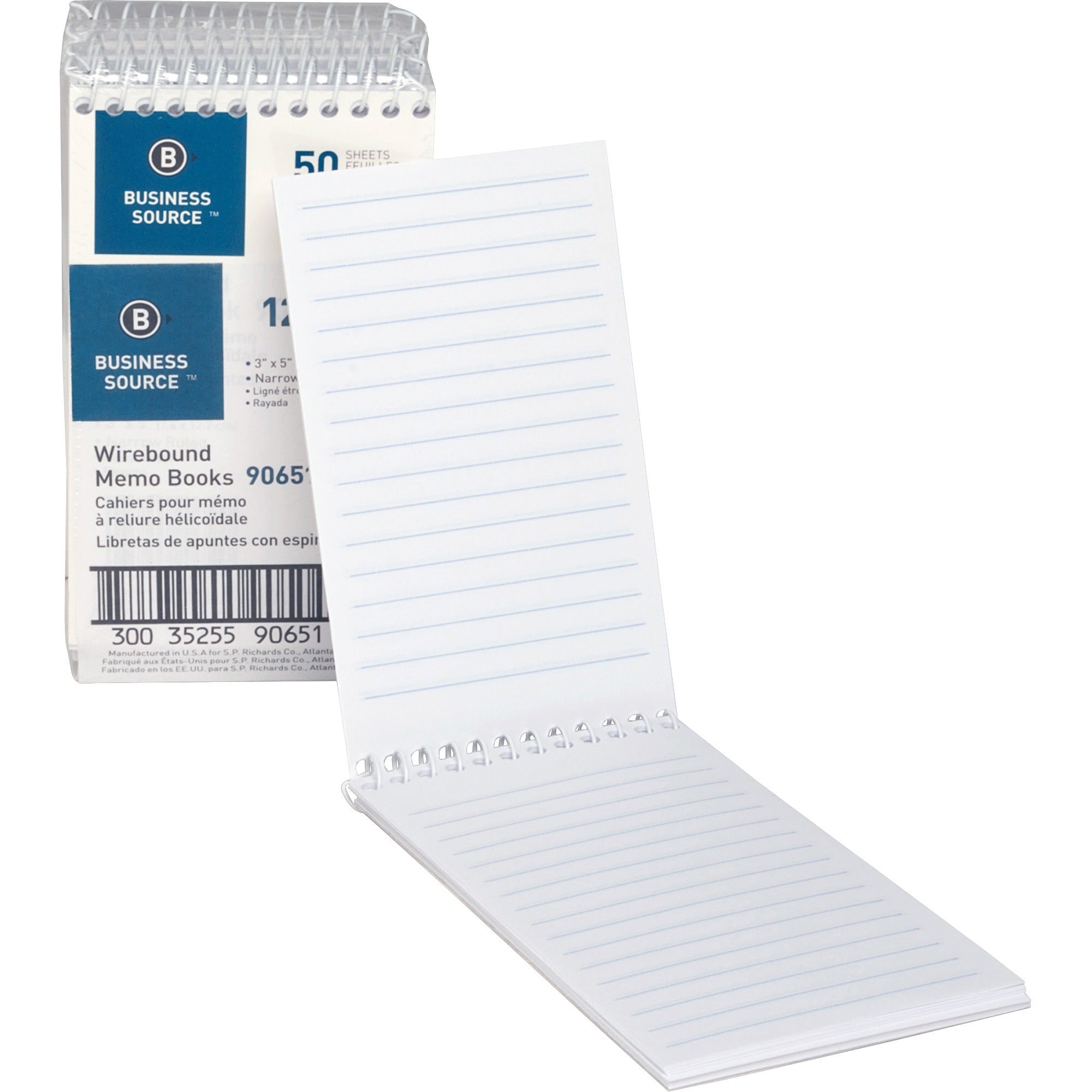 Business Source Wirebound Memo Books - 50 Sheet(s) - Wire Bound - 5" x 3" Sheet Size - White - White Sheet(s) - 1 Dozen -