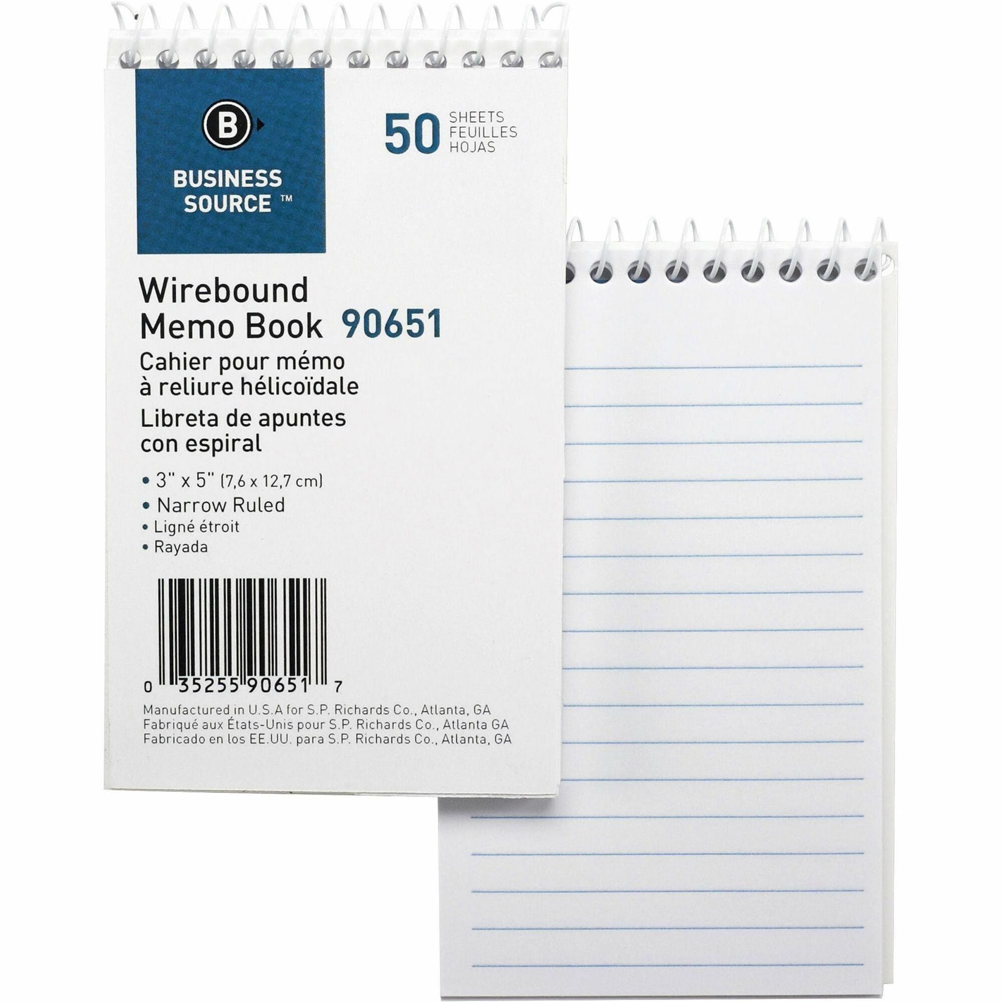 Business Source Wirebound Memo Books - 50 Sheet(s) - Wire Bound - 5" x 3" Sheet Size - White - White Sheet(s) - 1 Dozen -