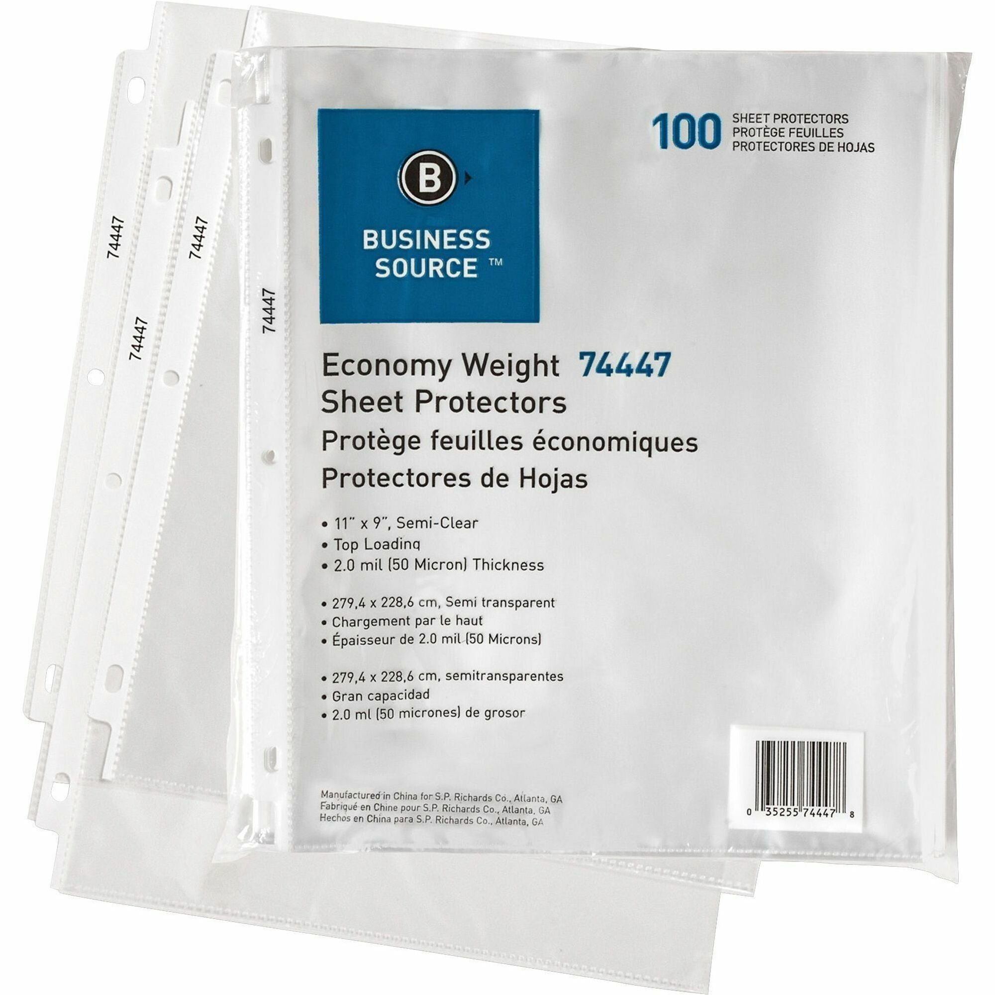 Business Source Economy Weight Sheet Protectors - 11" Height x 9" Width - 2 mil Thickness - For Letter 8 1/2" x 11" Sheet - Ring Binder - Rectangular - Semi Clear - Polypropylene - 100 / Pack -