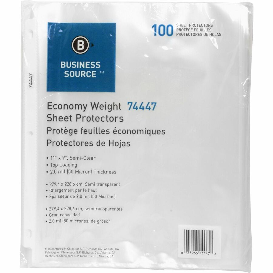 Business Source Economy Weight Sheet Protectors - 11" Height x 9" Width - 2 mil Thickness - For Letter 8 1/2" x 11" Sheet - Ring Binder - Rectangular - Semi Clear - Polypropylene - 100 / Pack -