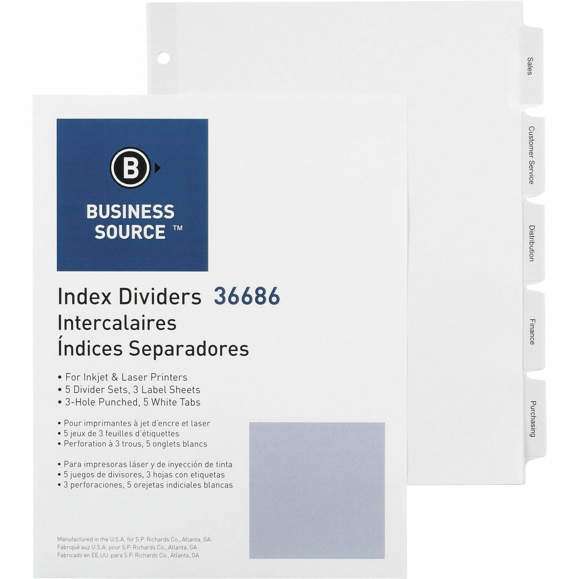 Business Source Punched Tabbed Laser Index Dividers - 5 Blank Tab(s) - 11" Divider Width - 3 Hole Punched - White Paper Divider - White Tab(s) - Recycled - Mylar Reinforcement, Reinforced, Punched - 5 / Pack -