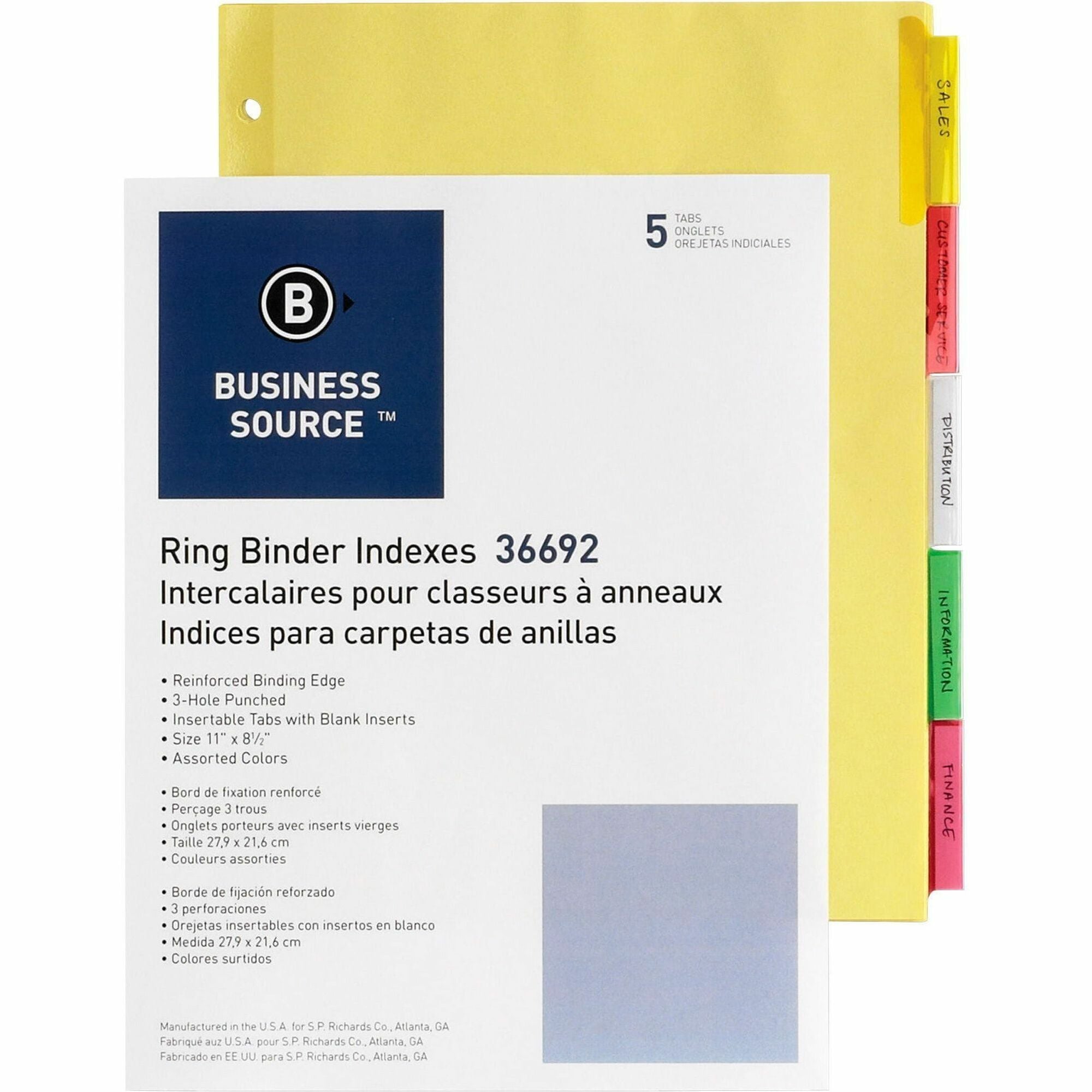 Business Source Insertable Tab Ring Binder Indexes - 5 Blank Tab(s)2" Tab Width - 8.5" Divider Width x 11" Divider Length - Letter - 3 Hole Punched - Multicolor Tab(s) - Tear Resistant, Punched, Insertable, Reinforced Edges - 5 / Set -