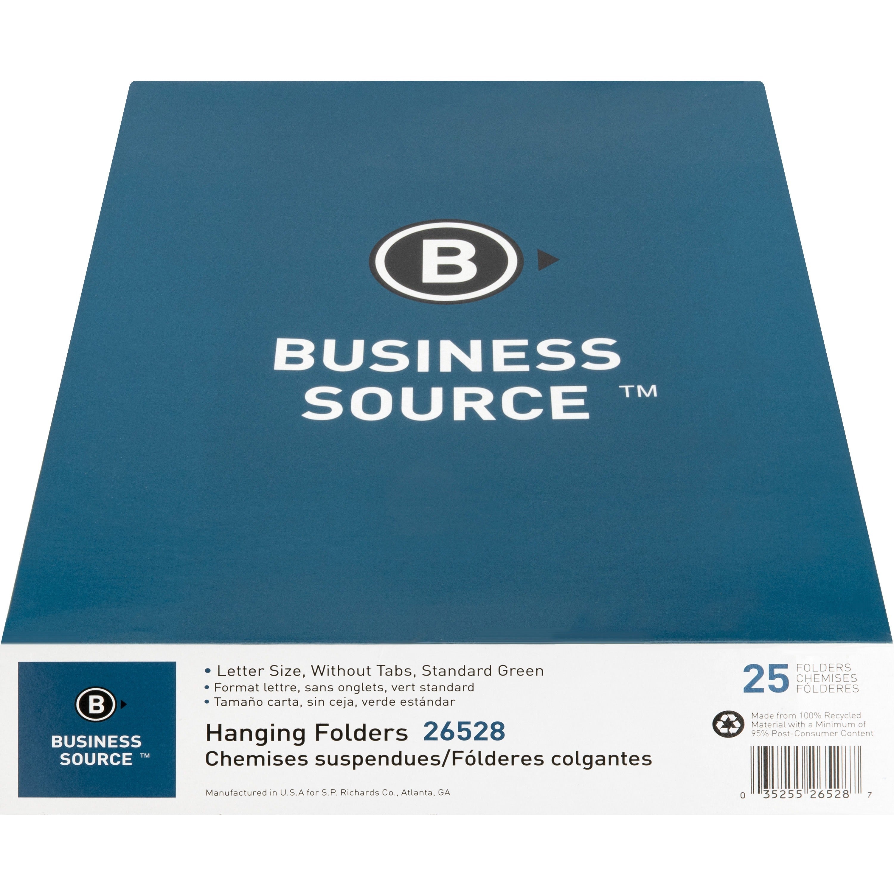 Business Source Letter Recycled Hanging Folder - 8 1/2" x 11" - Green - 100% Recycled - 25 / Box -