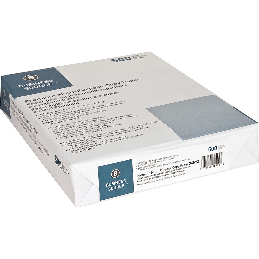 Business Source 3HP Premium Multipurpose Copy Paper - White - 92 Brightness - Letter - 8 1/2" x 11" - 20 lb Basis Weight - 5000 / Carton - Acid-free - White -