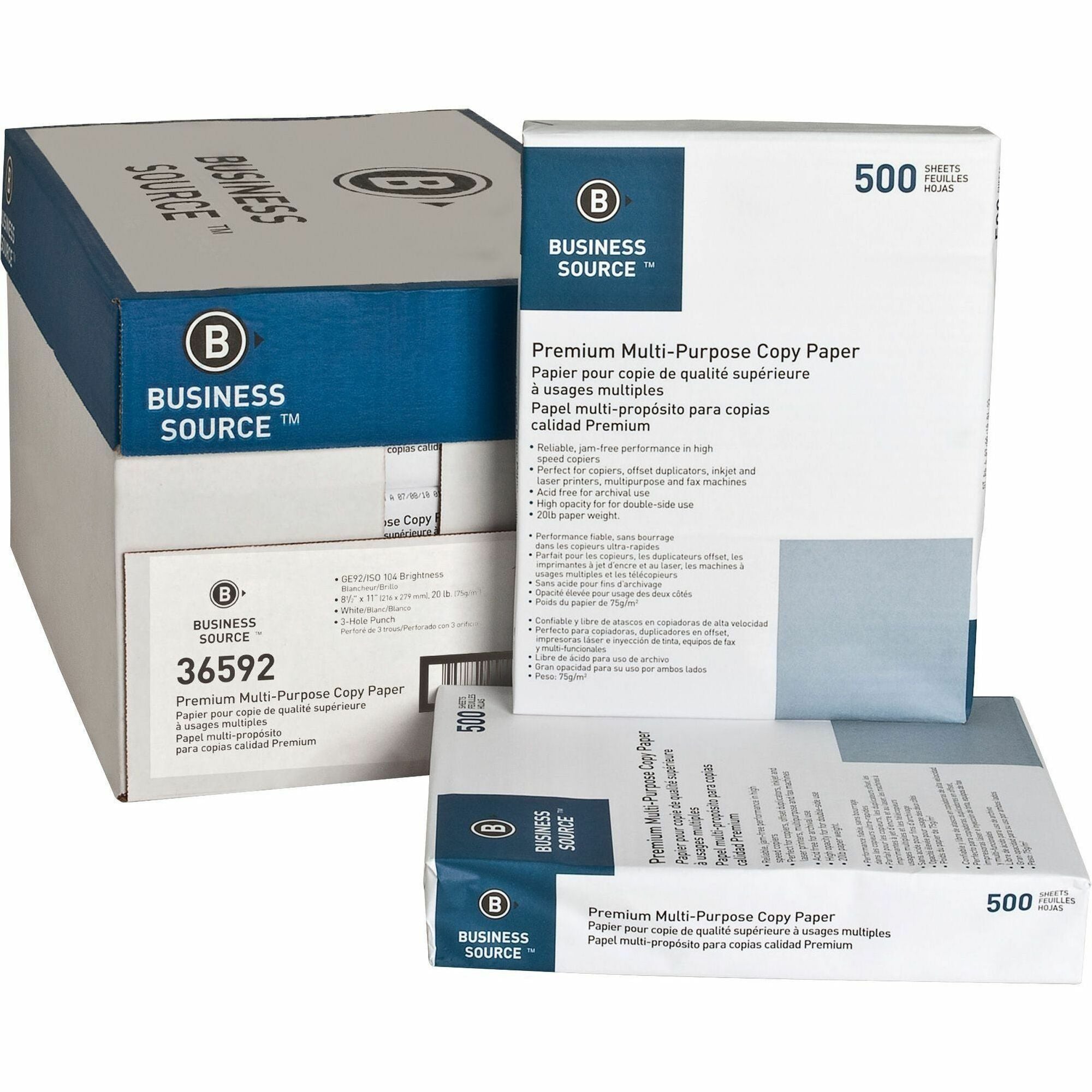 Business Source 3HP Premium Multipurpose Copy Paper - White - 92 Brightness - Letter - 8 1/2" x 11" - 20 lb Basis Weight - 5000 / Carton - Acid-free - White -