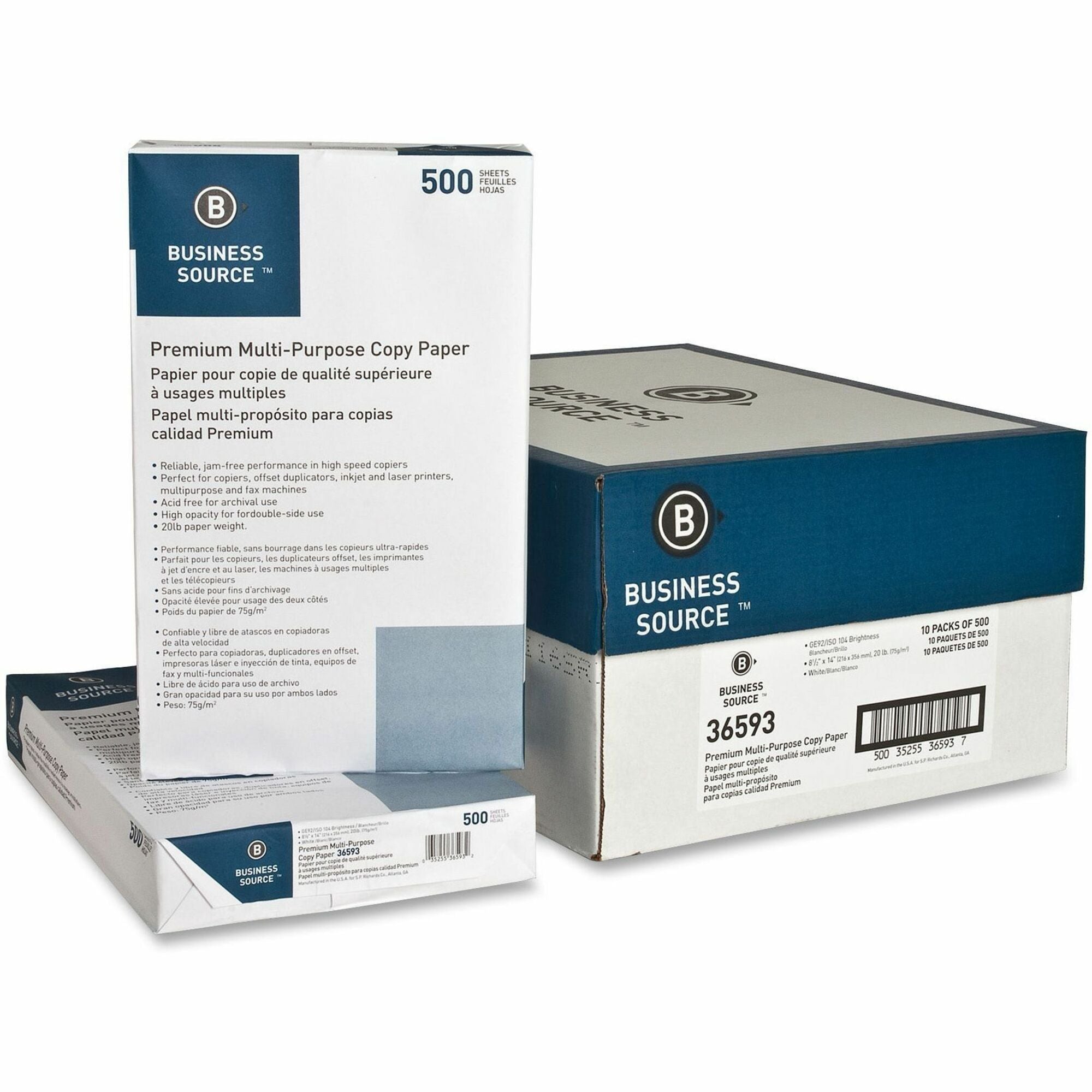 Business Source Premium Multipurpose Copy Paper - 92 Brightness - Legal - 8 1/2" x 14" - 20 lb Basis Weight - 5000 / Carton - Acid-free - White -