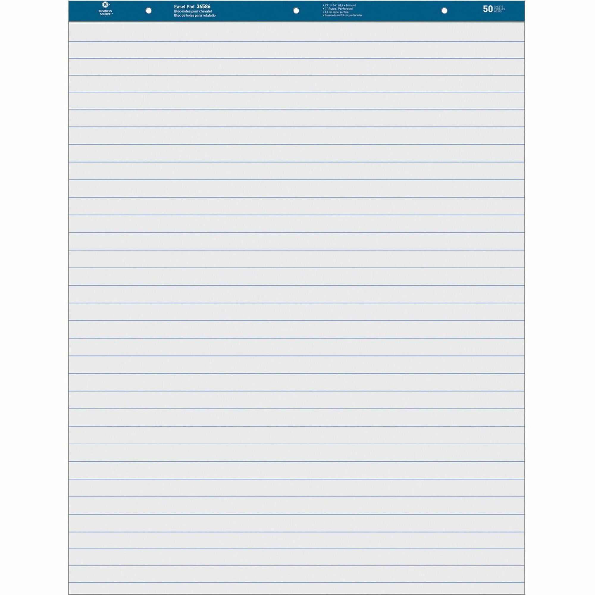 Business Source Standard Ruled Easel Pad - 50 Sheets - 15 lb Basis Weight - 27" x 34" - White Paper - Perforated - 4 / Carton -