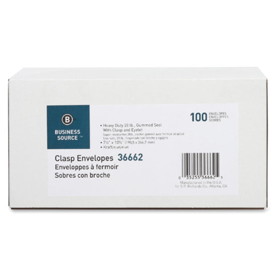 Business Source Heavy-duty Clasp Envelopes - Clasp - #75 - 7 1/2" Width x 10 1/2" Length - 28 lb - Clasp - Kraft - 100 / Box - Kraft -