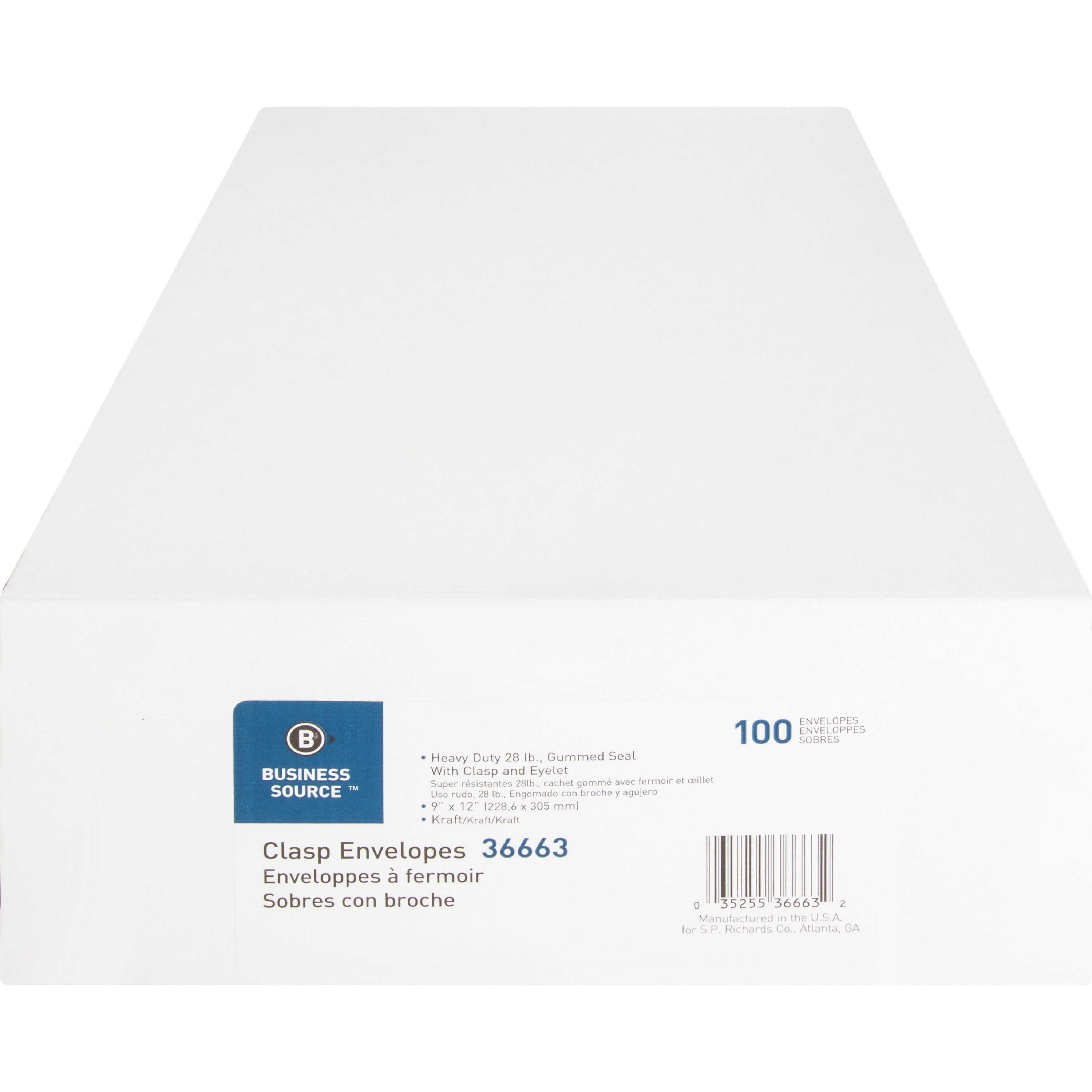 Business Source Heavy-duty Clasp Envelopes - Clasp - #90 - 9" Width x 12" Length - 28 lb - Clasp - Kraft - 100 / Box - Kraft -