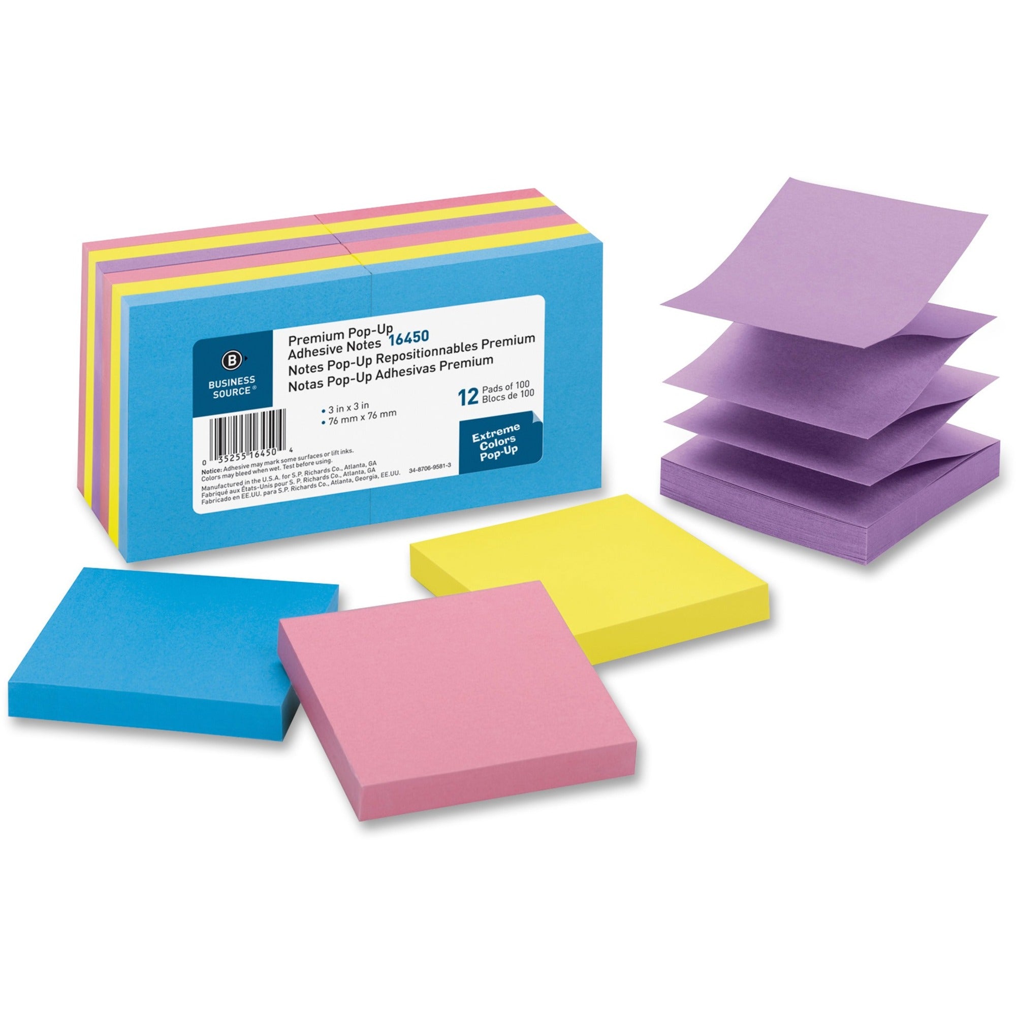 Business Source Reposition Pop-up Adhesive Notes - 3" x 3" - Square - Assorted - Removable, Repositionable, Solvent-free Adhesive - 12 / Pack -