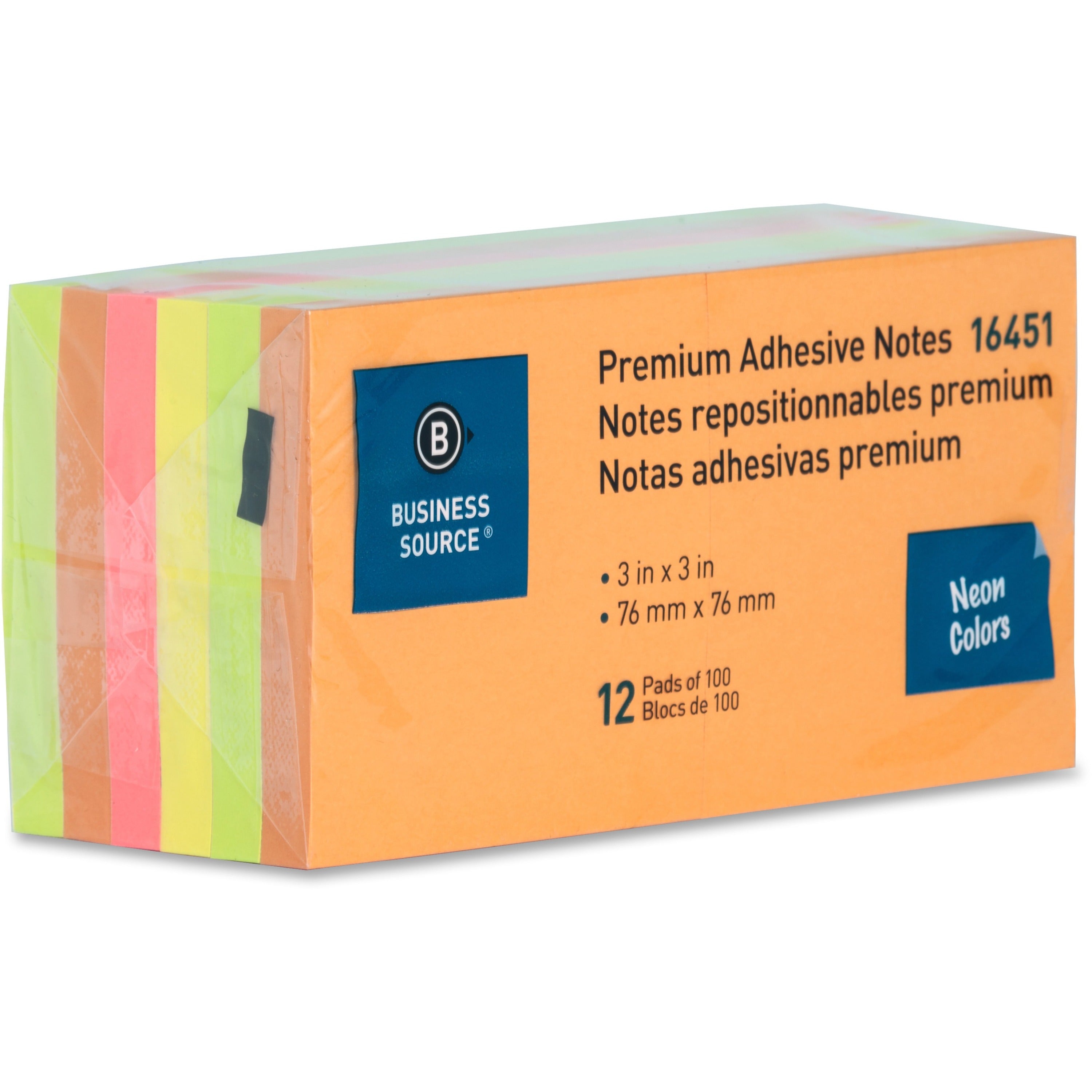Business Source Repositionable Neon Notes - 3" x 3" - Square - Neon - Removable, Repositionable, Solvent-free Adhesive - 12 / Pack -
