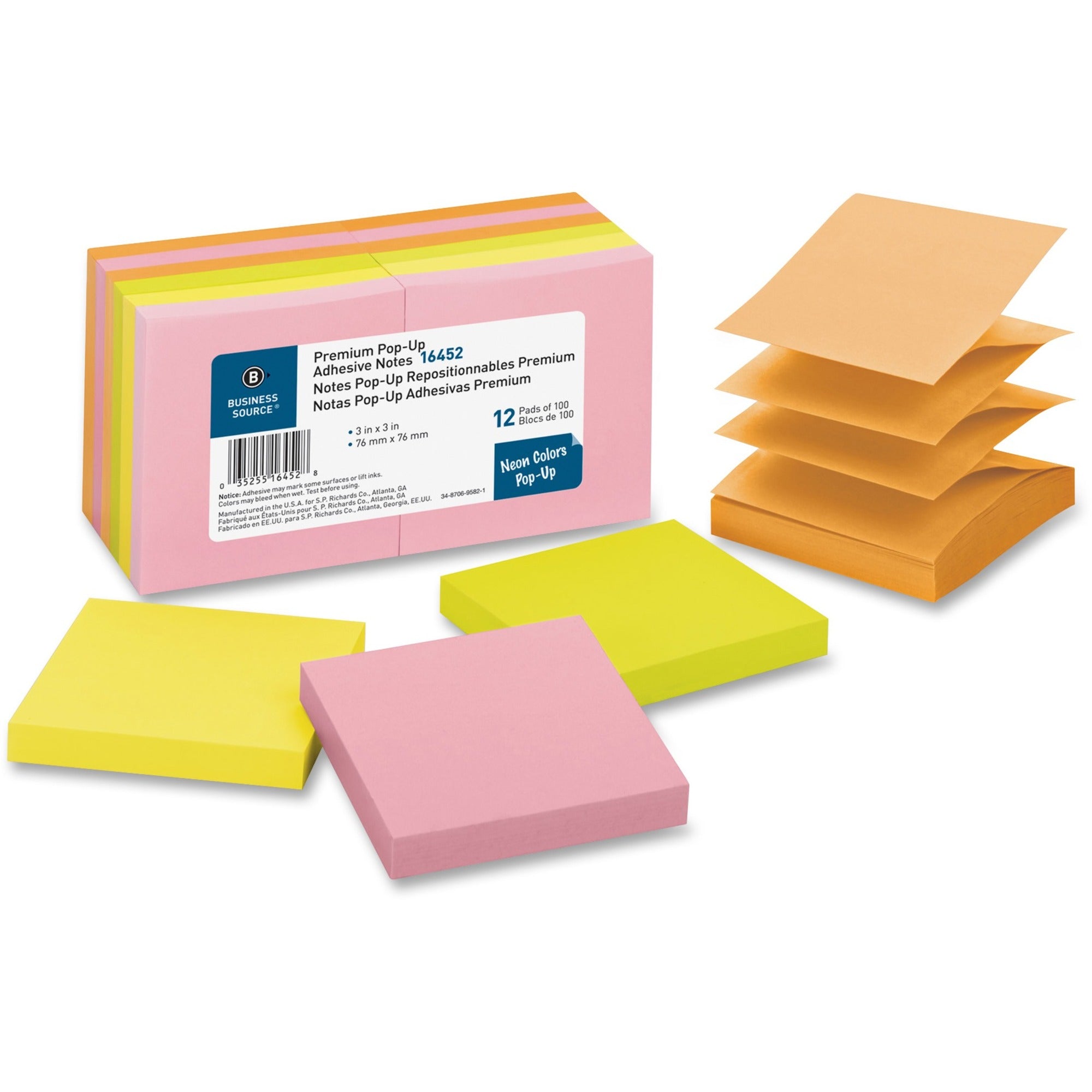 Business Source Reposition Pop-up Adhesive Notes - 3" x 3" - Square - Assorted Neon - Removable, Repositionable, Solvent-free Adhesive - 12 / Pack -