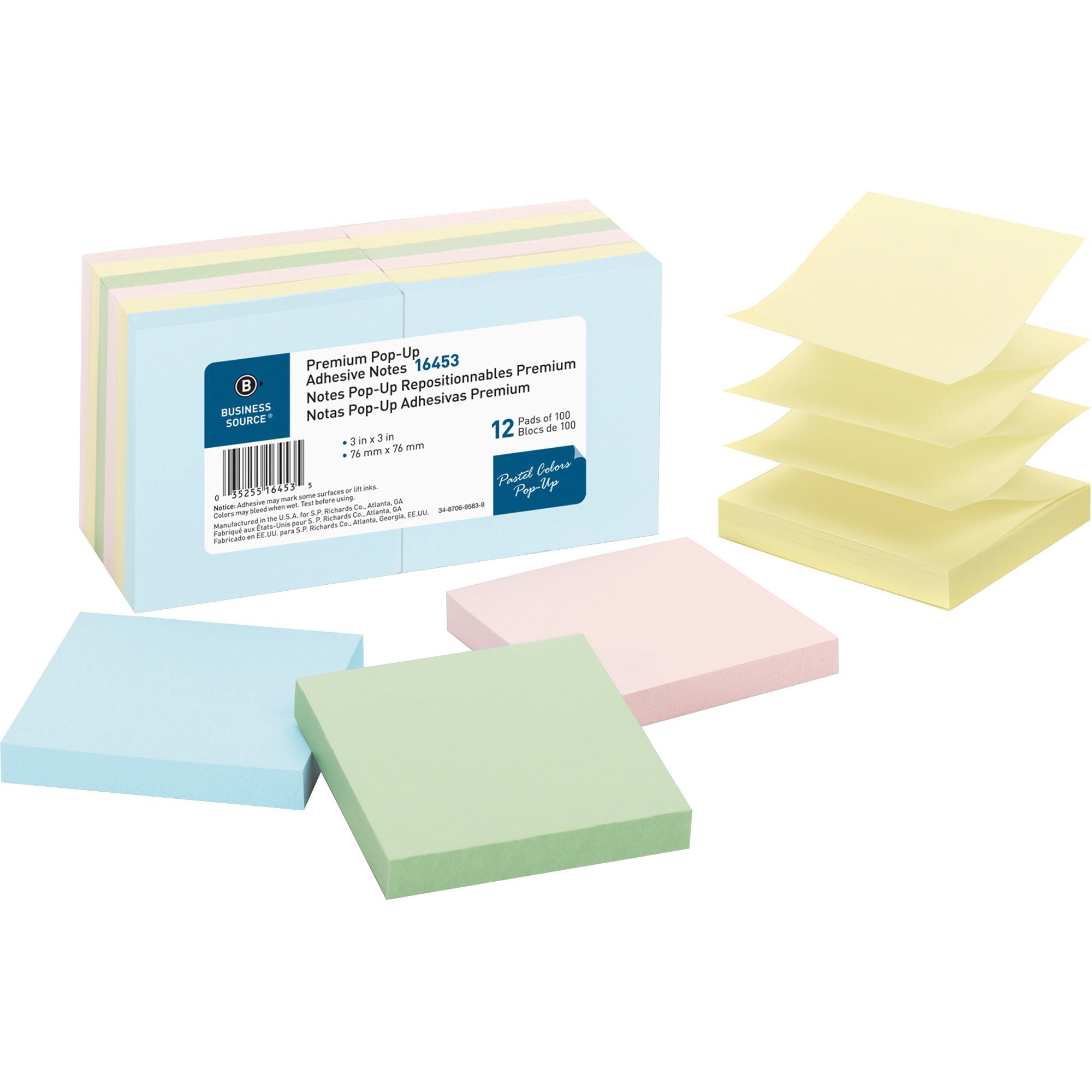 Business Source Reposition Pop-up Adhesive Notes - 3" x 3" - Square - Assorted Pastel - Removable, Repositionable, Solvent-free Adhesive - 12 / Pack -