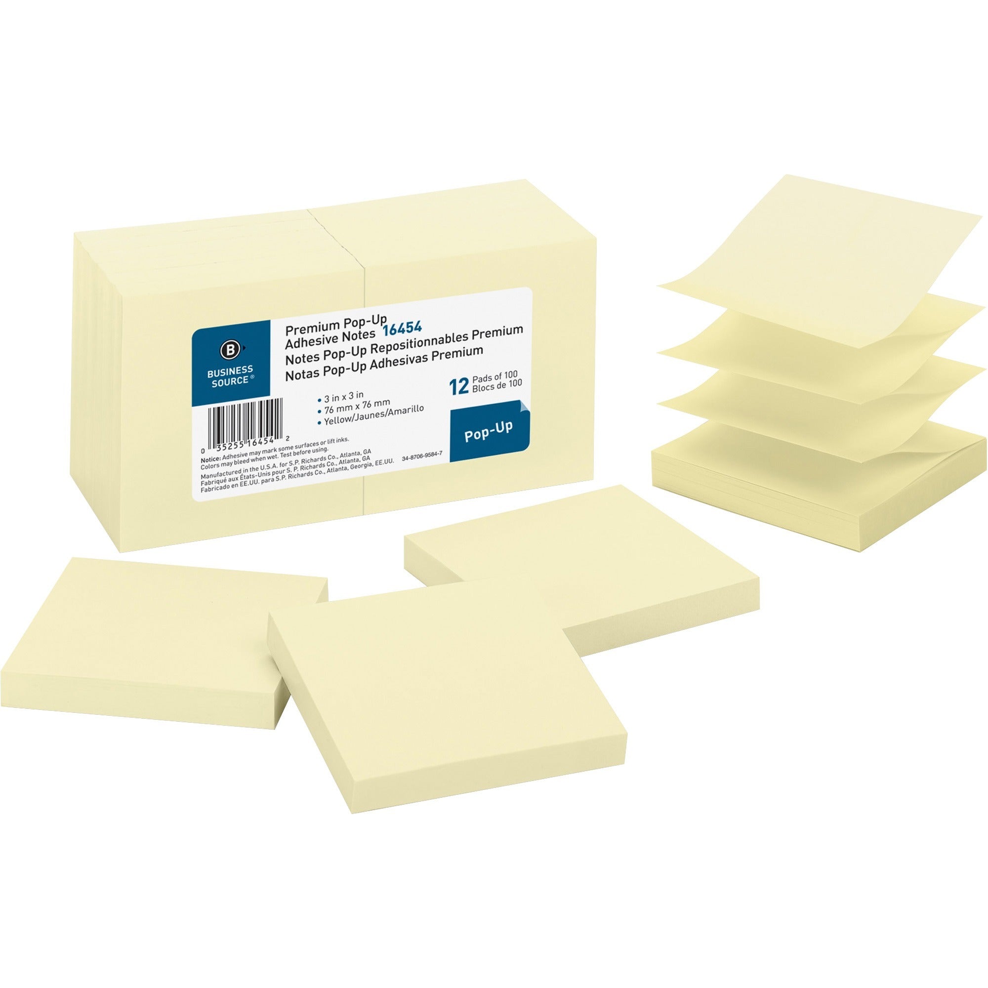 Business Source Reposition Pop-up Adhesive Notes - 3" x 3" - Square - Yellow - Removable, Repositionable, Solvent-free Adhesive - 12 / Pack -