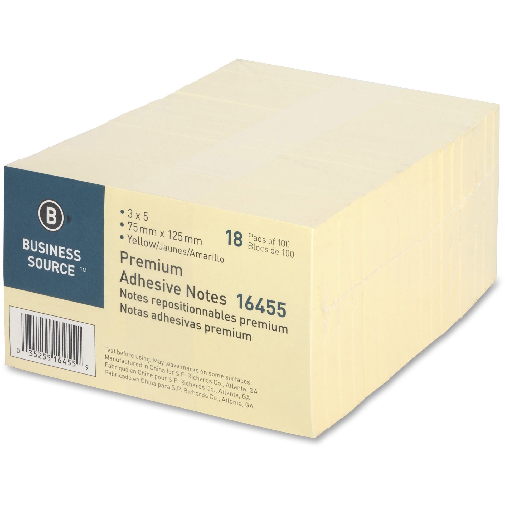 Business Source Repositionable Notes - 3" x 5" - Rectangle - Yellow - Repositionable, Solvent-free Adhesive - 18 / Pack -