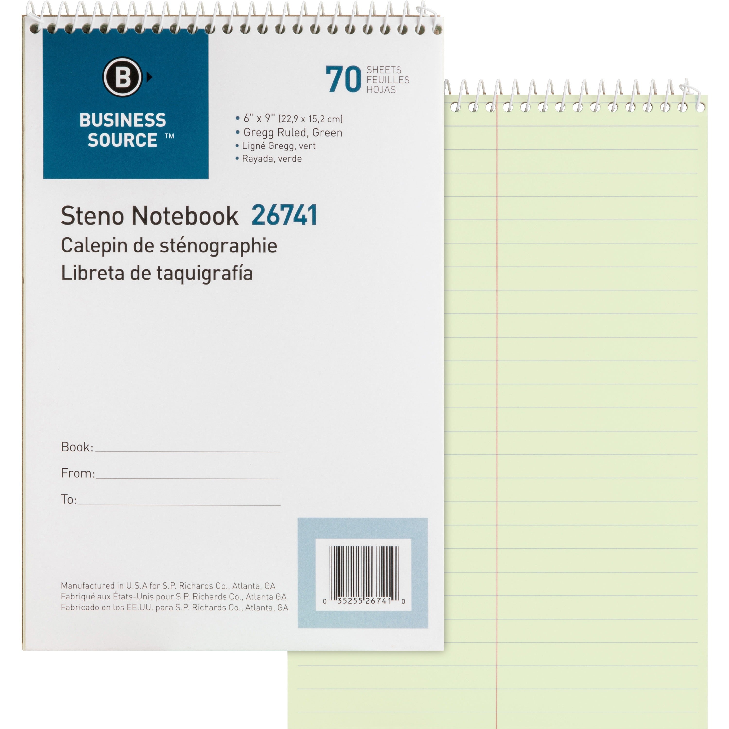 Business Source Steno Notebook - 70 Sheets - Wire Bound - Gregg Ruled Margin - 15 lb Basis Weight - 6" x 9" - Green Paper - Stiff-back - 1 Each -