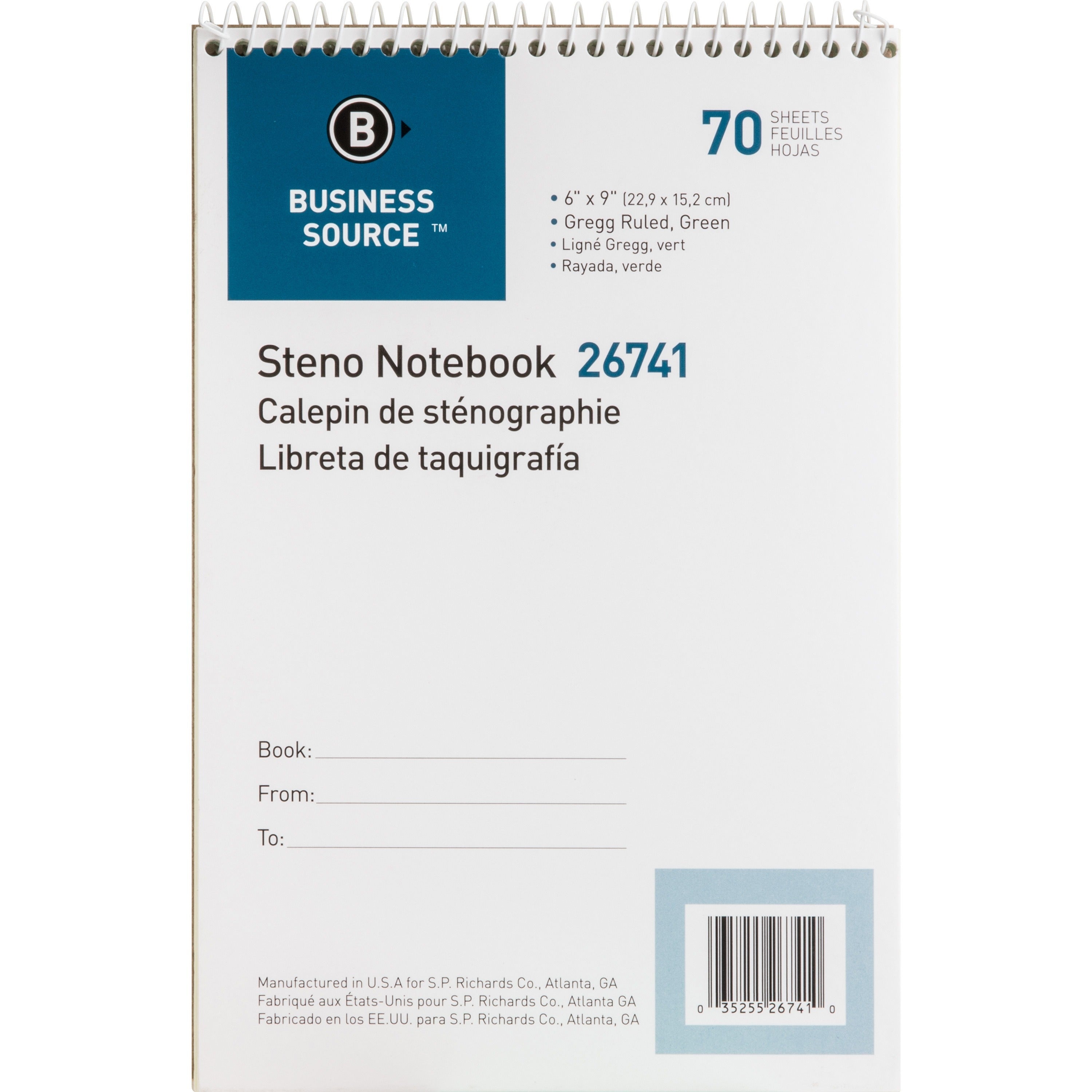 Business Source Steno Notebook - 70 Sheets - Wire Bound - Gregg Ruled Margin - 15 lb Basis Weight - 6" x 9" - Green Paper - Stiff-back - 1 Each -