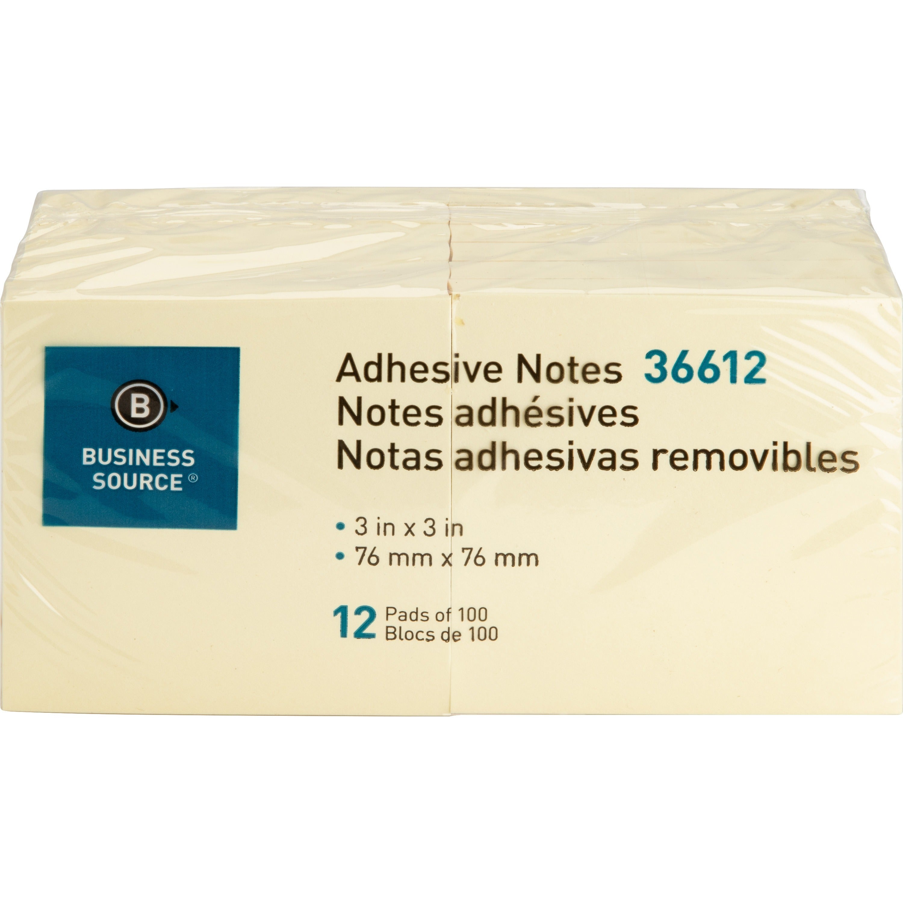 Business Source Yellow Repositionable Adhesive Notes - 3" x 3" - Square - Yellow - Repositionable, Solvent-free Adhesive - 12 / Pack -