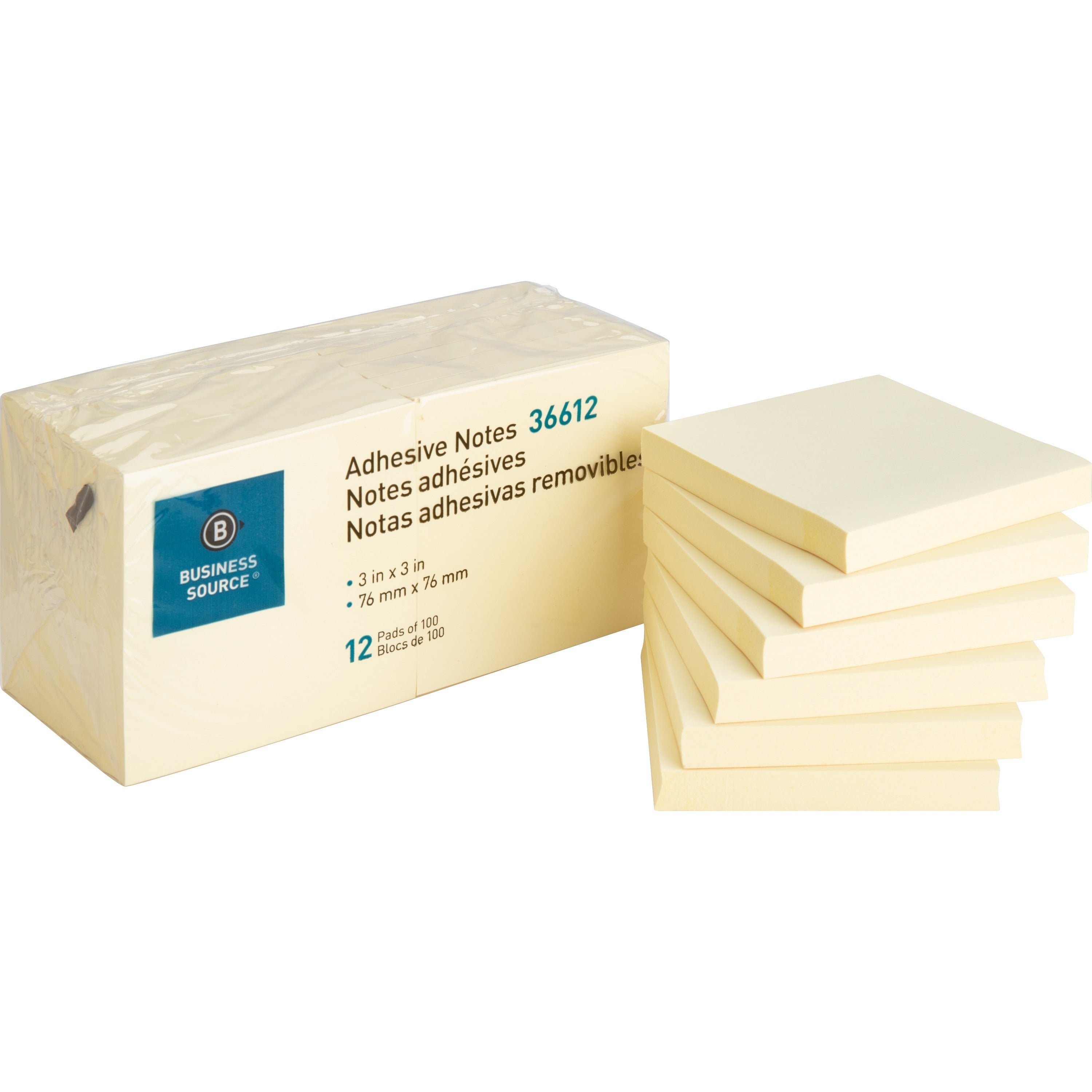 Business Source Yellow Repositionable Adhesive Notes - 3" x 3" - Square - Yellow - Repositionable, Solvent-free Adhesive - 12 / Pack -