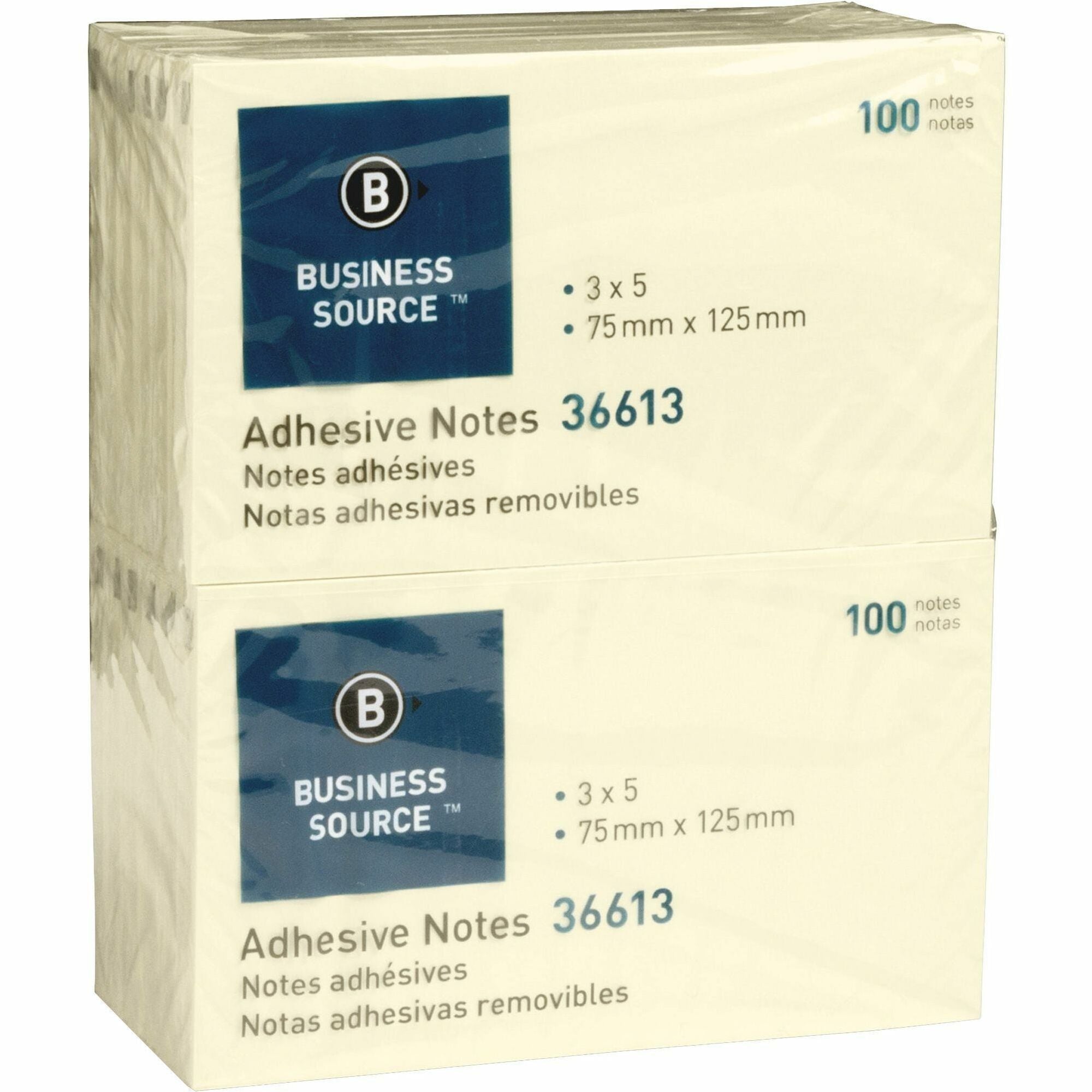 Business Source Yellow Repositionable Adhesive Notes - 3" x 5" - Rectangle - Yellow - Repositionable, Solvent-free Adhesive - 12 / Pack -