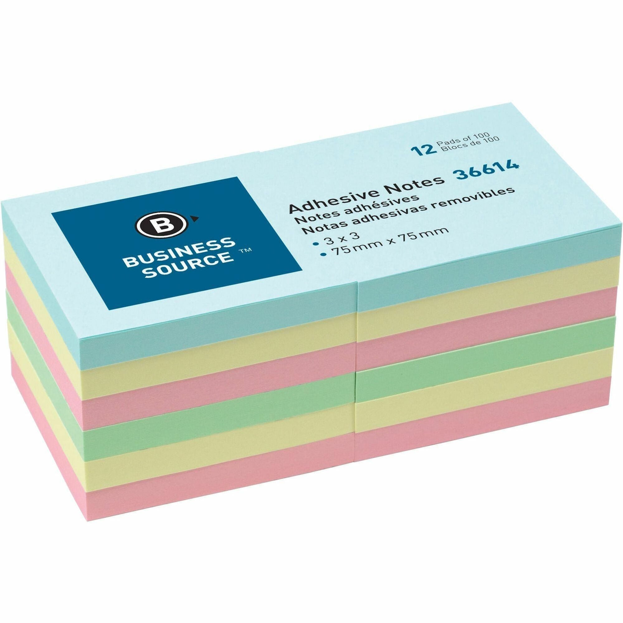 Business Source 3" Plain Pastel Colors Adhesive Notes - 100 - 3" x 3" - Square - Assorted - Repositionable, Solvent-free Adhesive - 12 / Pack -